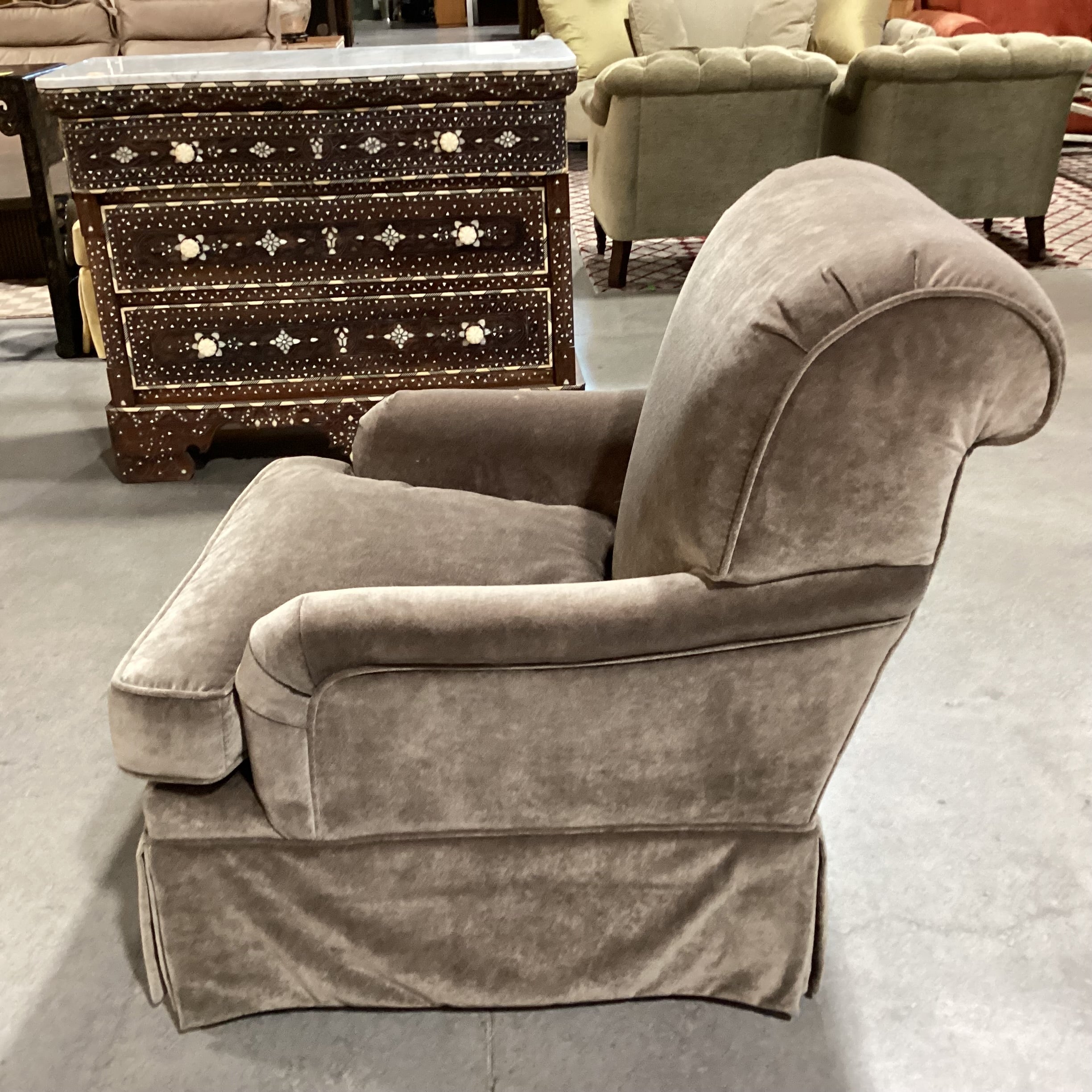 Taupe Grey Velvet Swivel Chair 31.5"x 36"x 35"