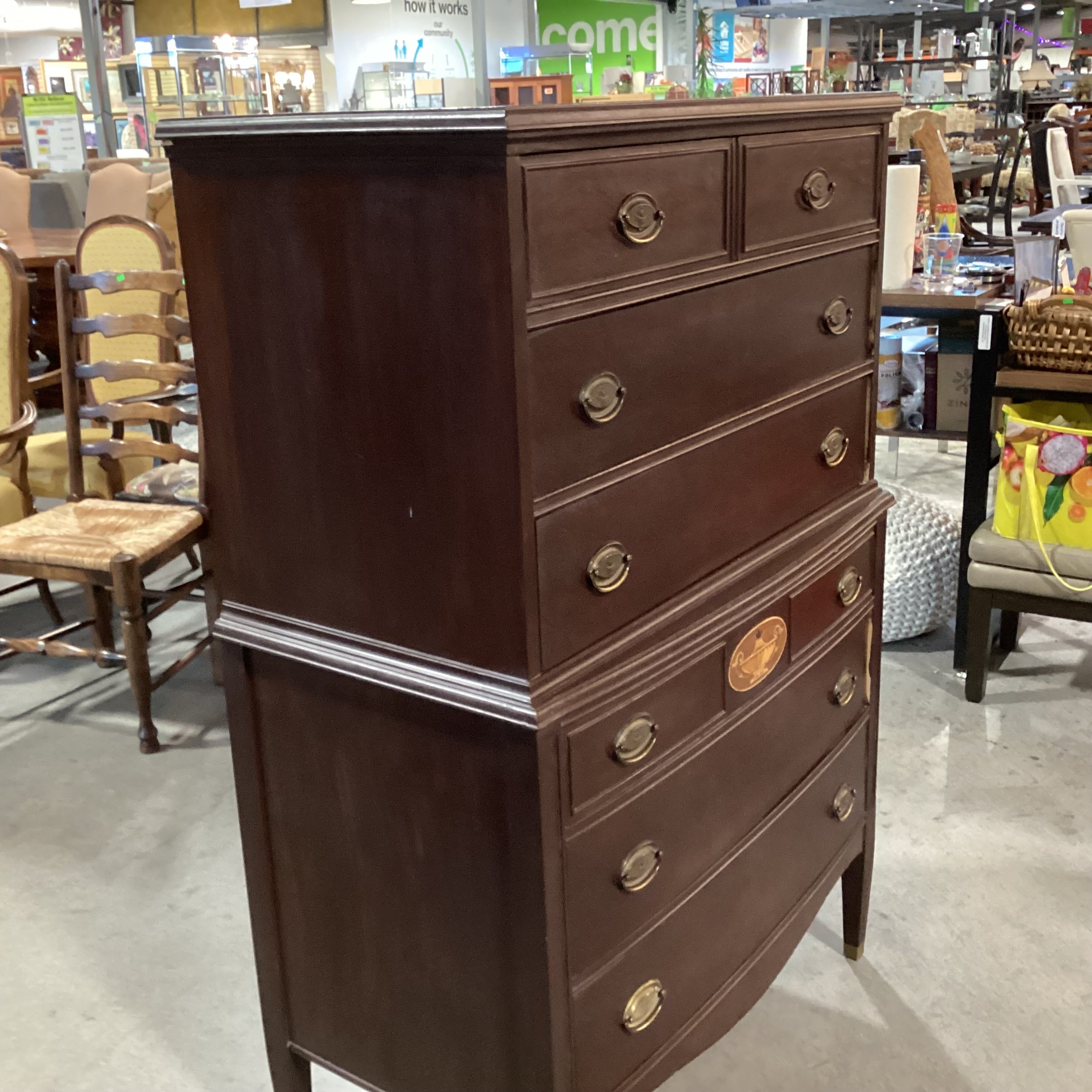 Antique Finished Wood with Inlay Detail 6 Drawer Chest 36"x 20"x 54.5"