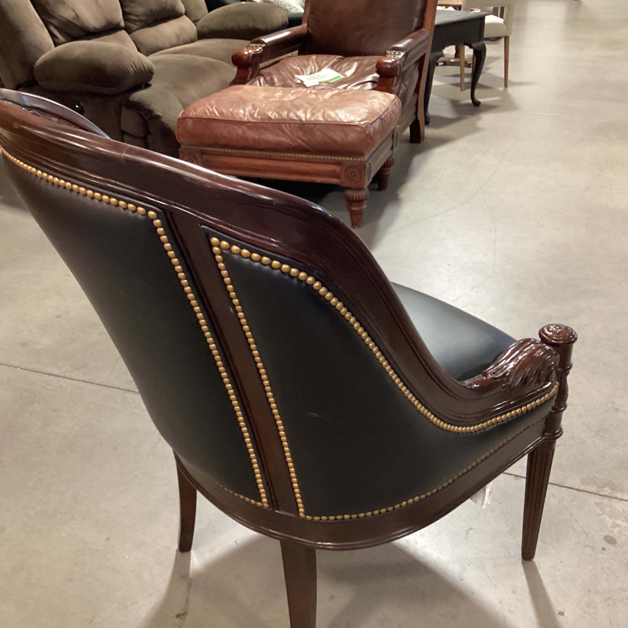 Hancock & Moore Ornate Carved Mahogany Finish Wood Black Leather Tufted Nailhead Chair 27"x 32"x 39"