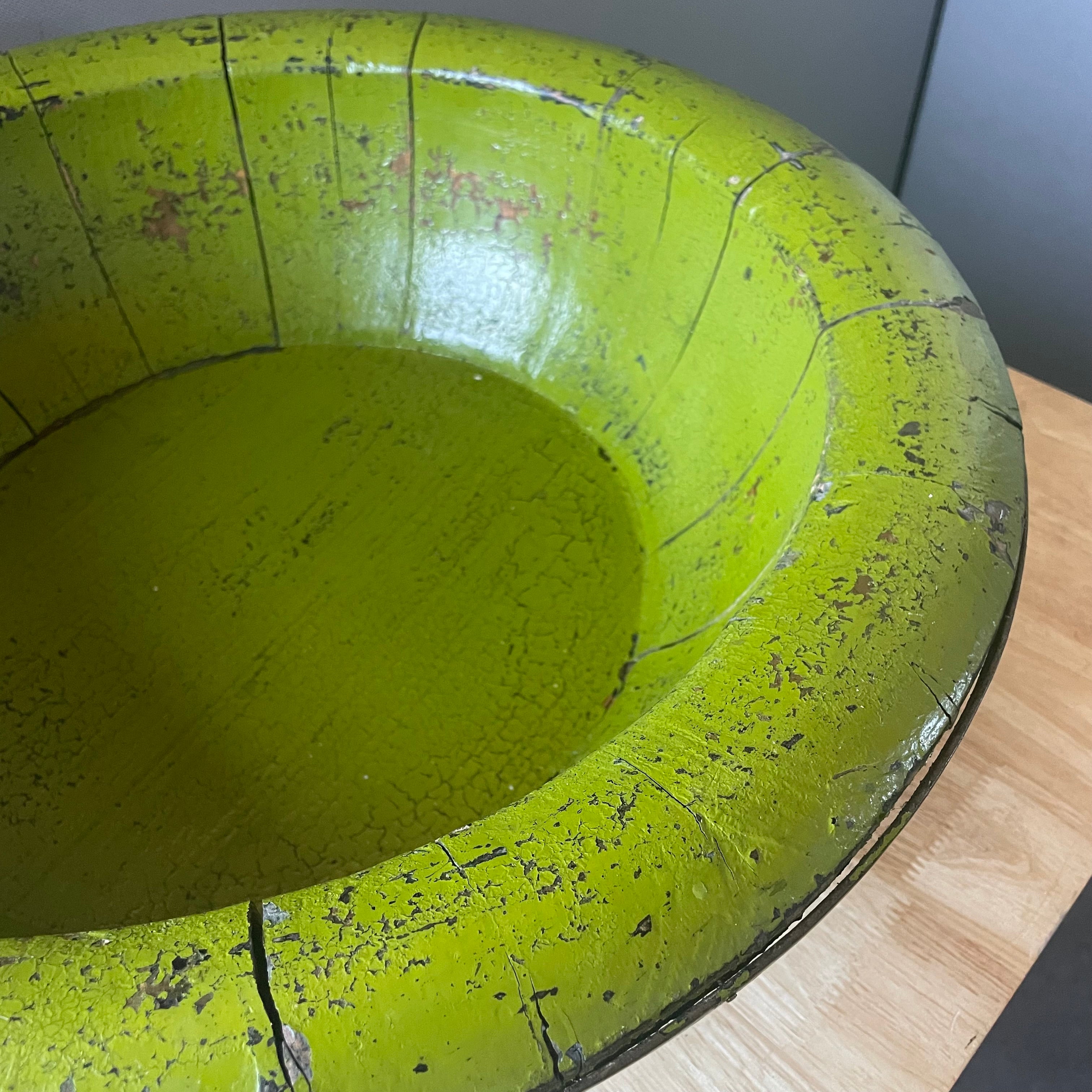 Antique Chinese Green Lacquer Wood, Metal Banded Wash Basin, 20.5"x 6"