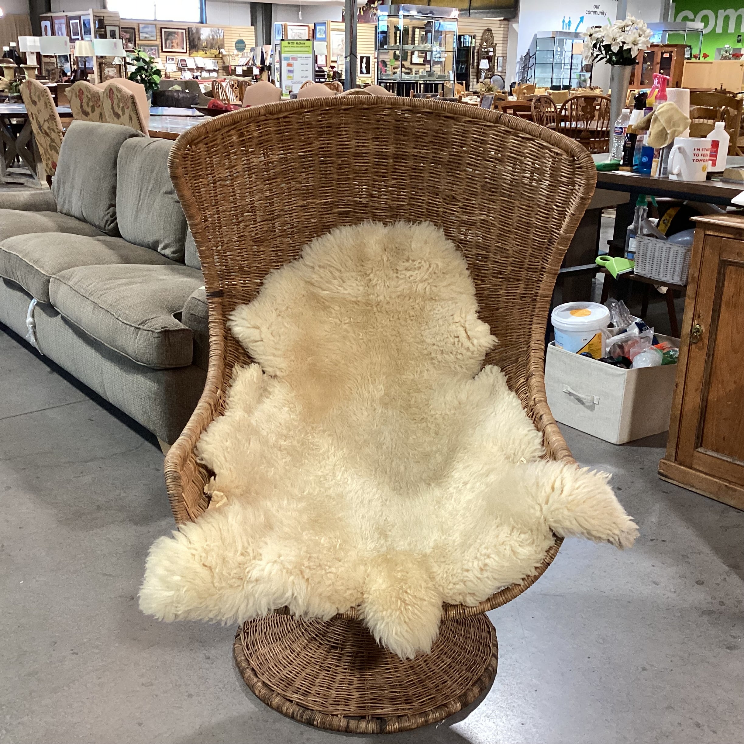 Vintage Wicker Swivel Rock with Sheepskin Chair 30"x 30"x 48"