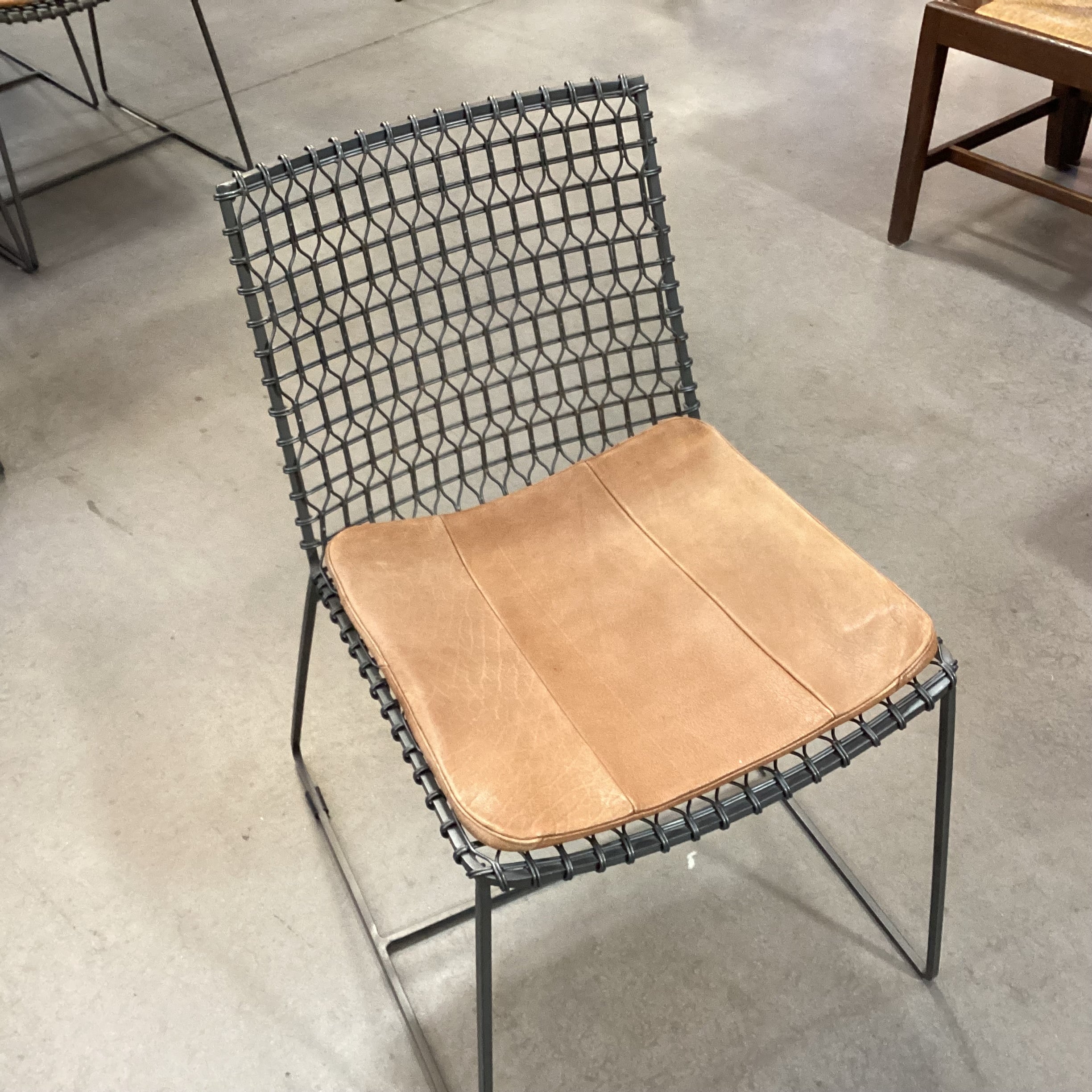 Set of 8 Crate & Barrel Tig Metal & Leather Cushion Dining Chairs  18"x 21"x 31"
