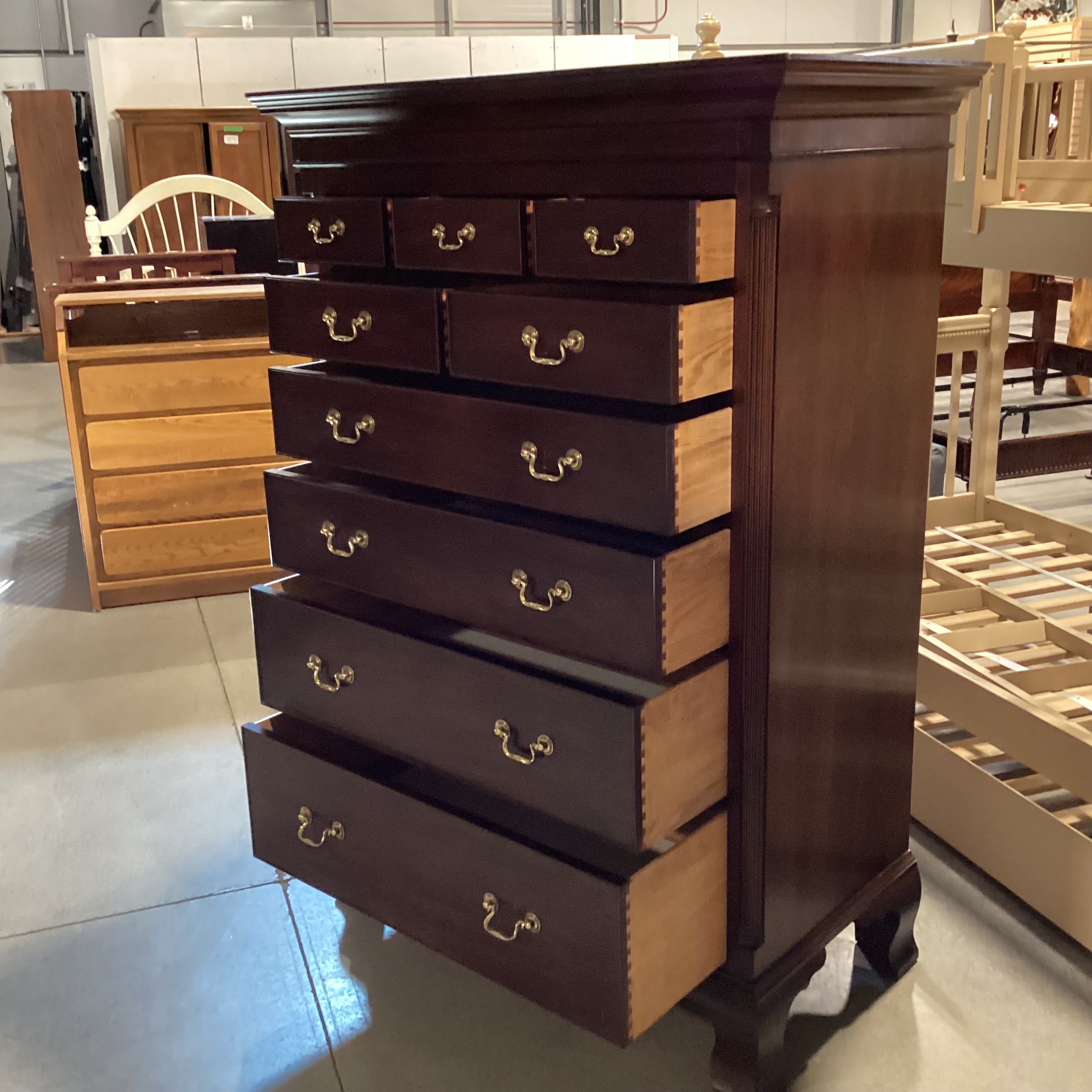 Henkel-Harris Dark Finish Carved Wood 9 Drawer Gentlemans Chest 45"x 24"x 65.5"