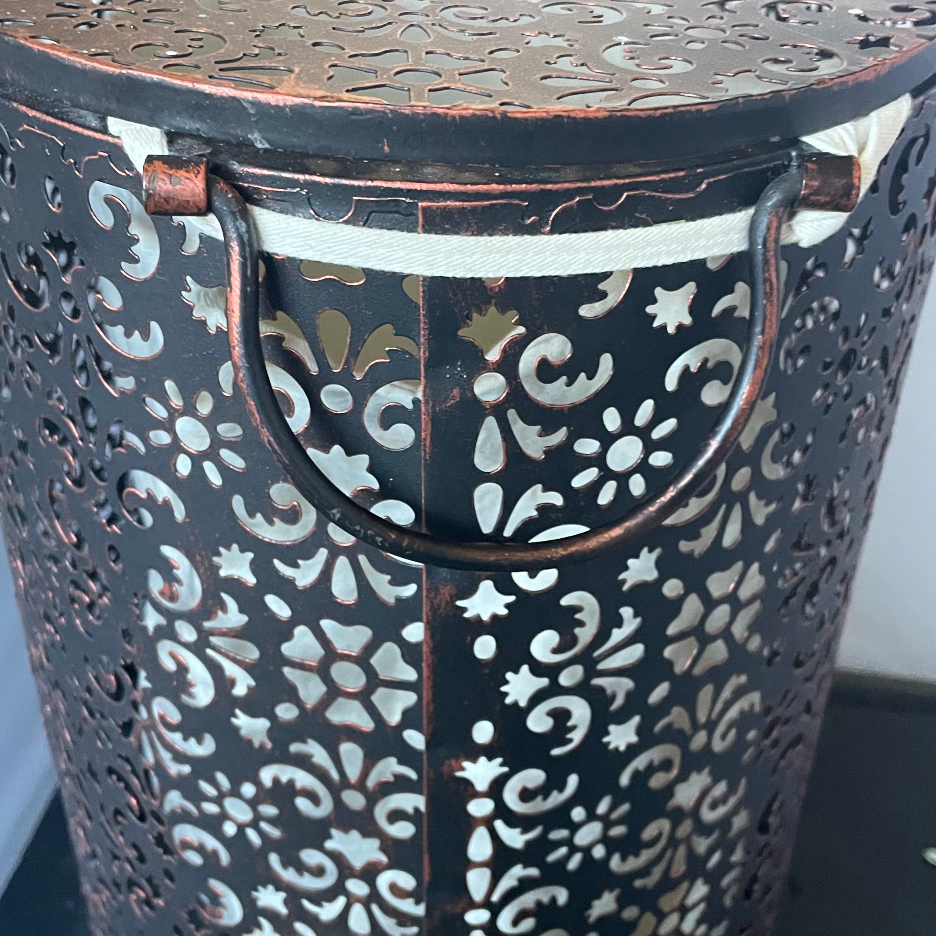 Mathiew Mategot Style Perforated Metal Ornate Design Lidded Hamper/End Table, 16"x 11"x 20.5"