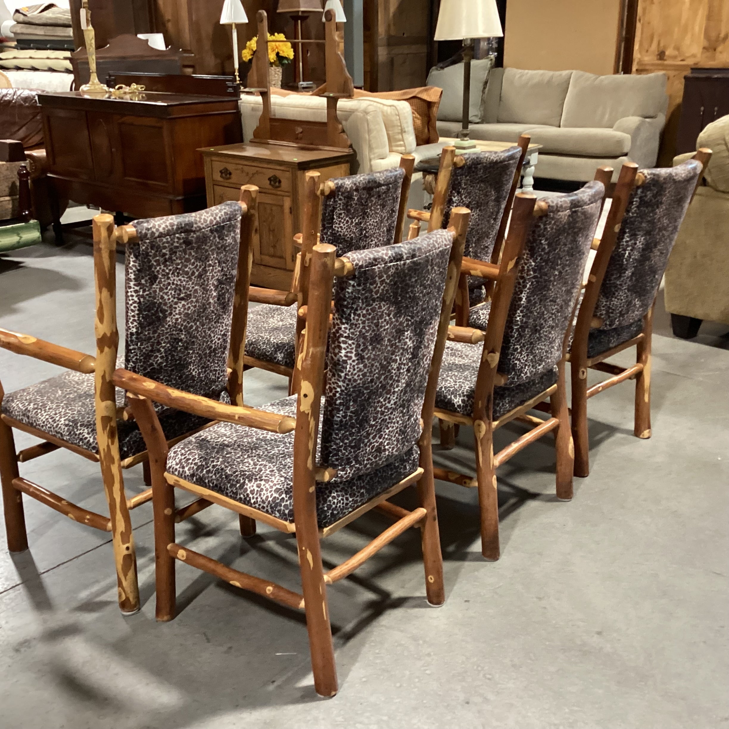 SET of 6 Peeled Style Log & Animal Print Armed Dining Chairs 24"x 24"x 39"