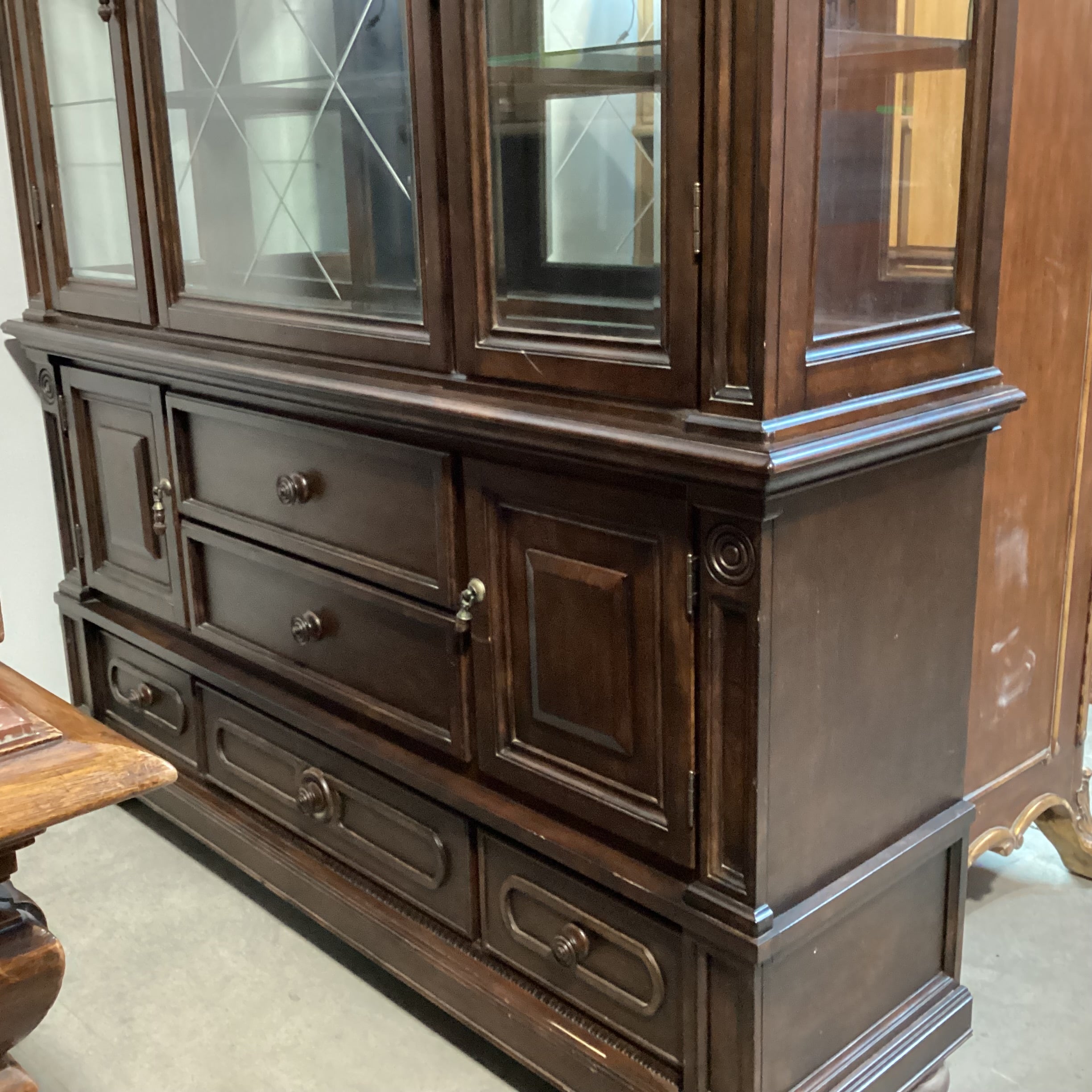 Dark Finish Wood & Glass 5 Drawer 4 Door 2 Piece China Hutch 69"x 18"x 88"