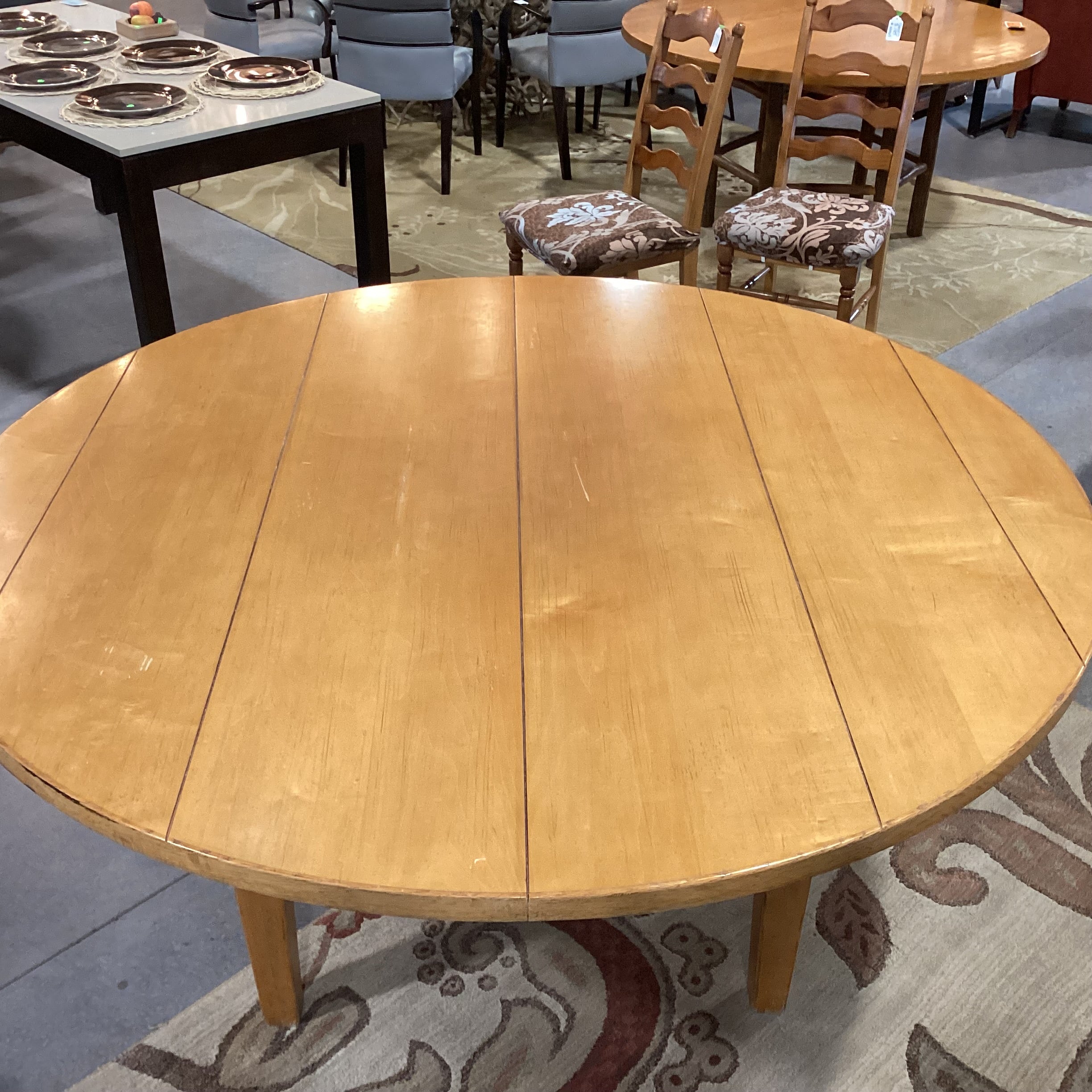 Round Light Distressed Plank & Carved Wood Dining Table 68" Diameter x 30"