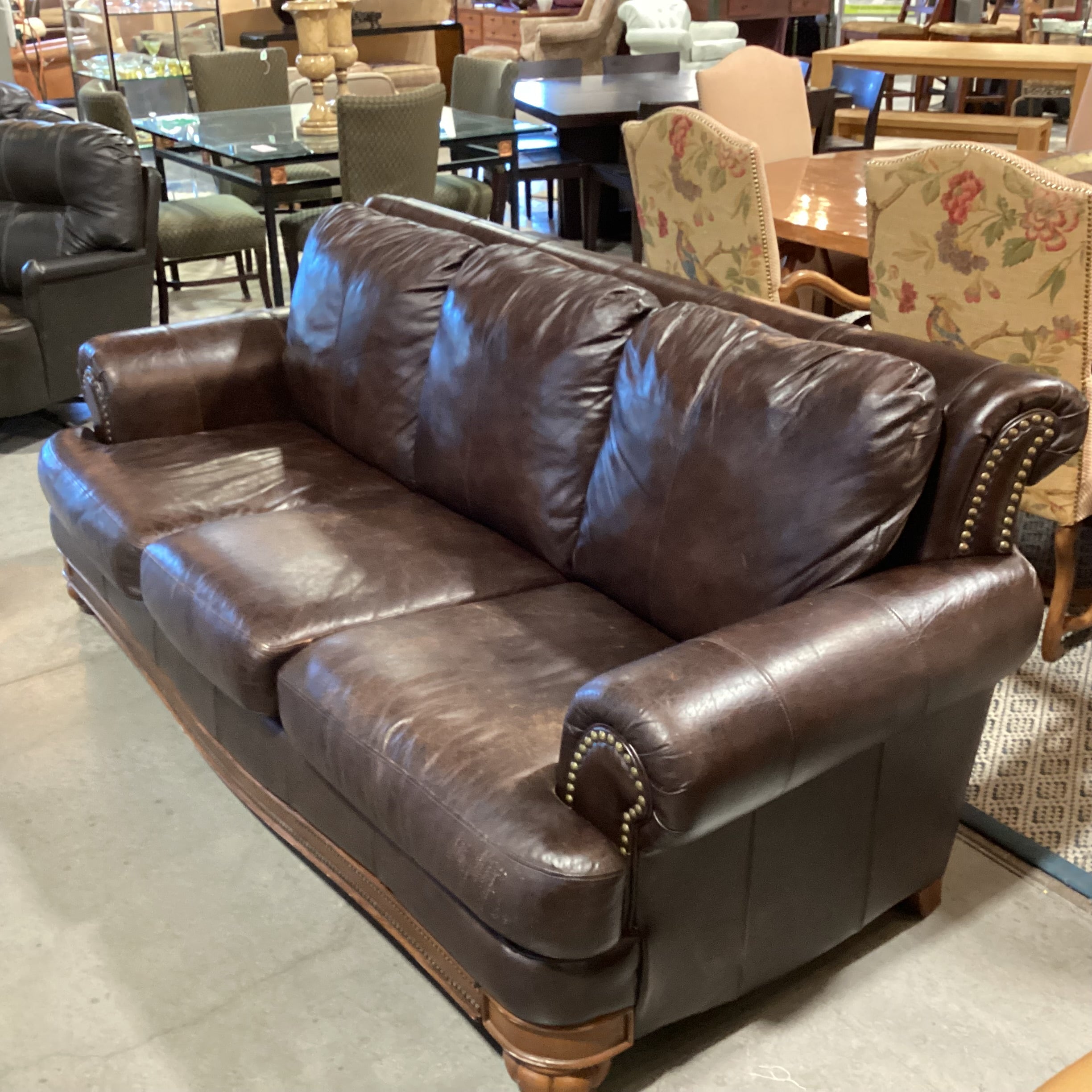 Bonded Leather Nailhead with Detailed Wood Base Sofa 88"x 34"x 35"