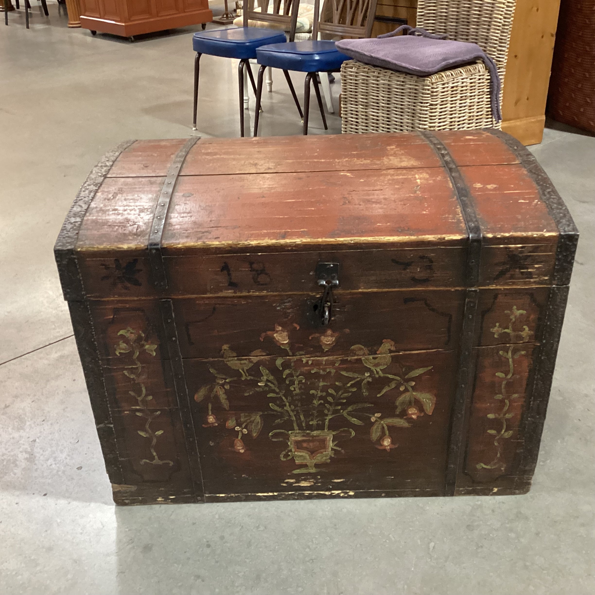 Antique 1873 Red with Floral Hand Painted Wood & Iron Trunk 34"x 24"x 25"