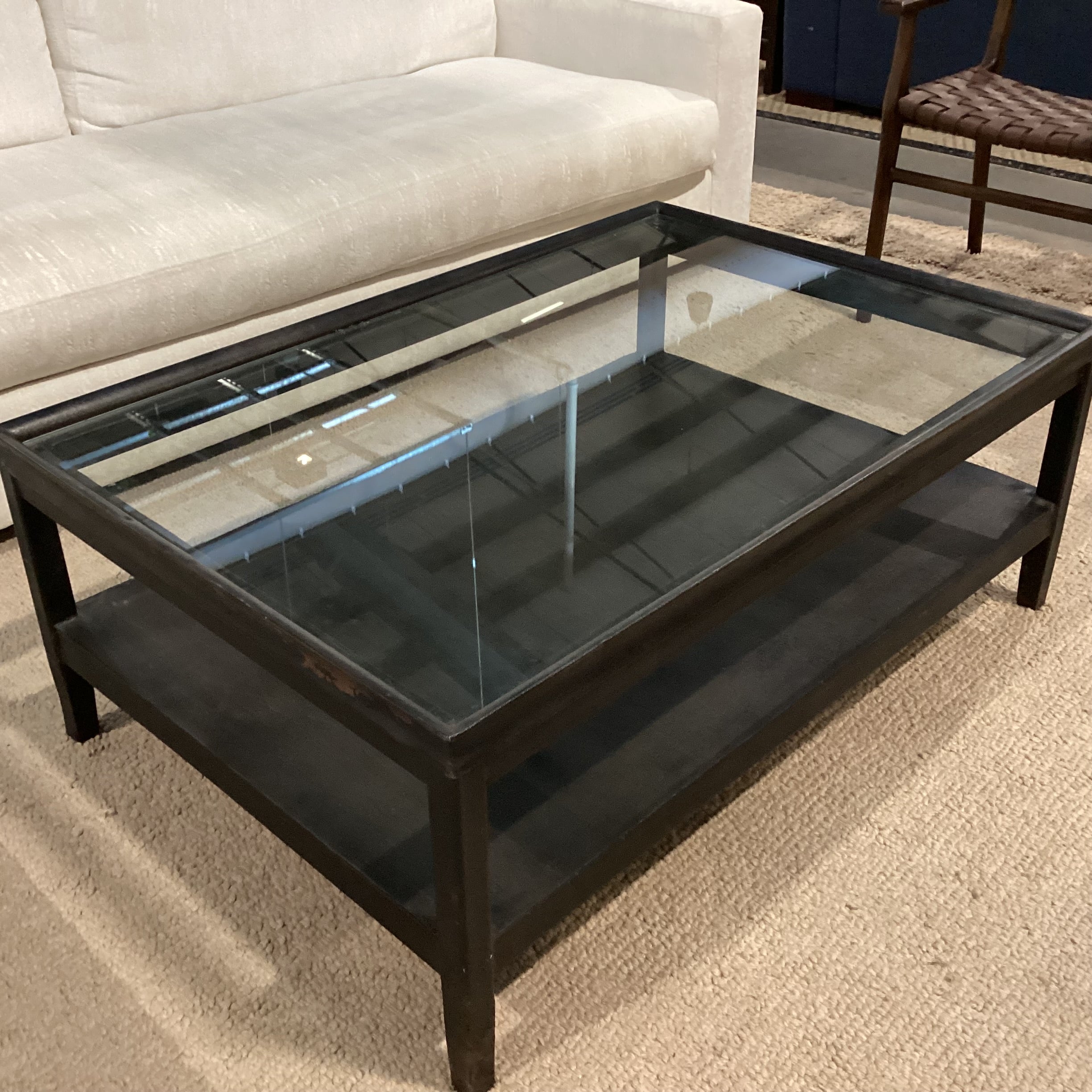 Industrial Modern Black Textured Iron & Glass 2 Tiered Coffee Table 48"x 32"x 18.5"