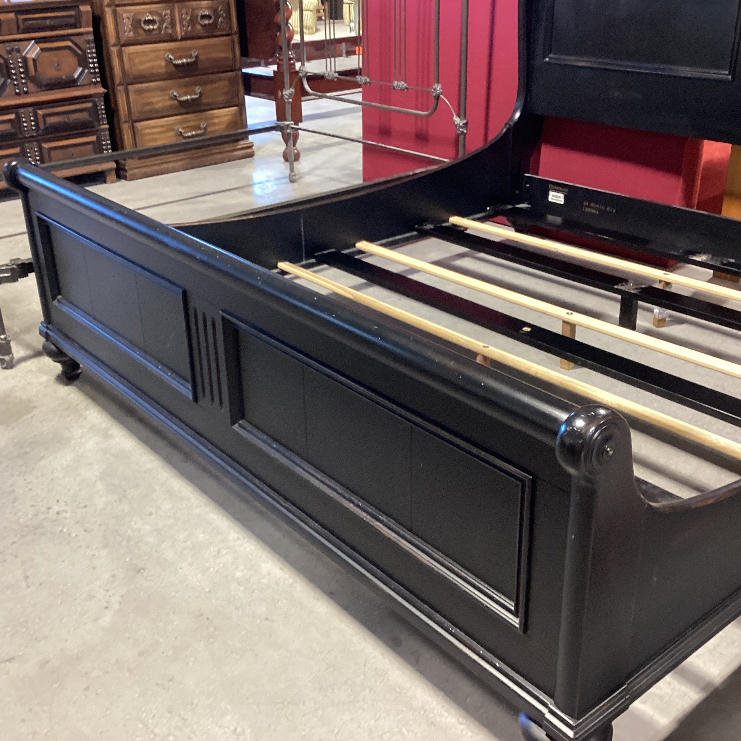 KING Ethan Allen Black Finish Wood Panel Detail Sleigh Bed Set 81"x 90"x 52"