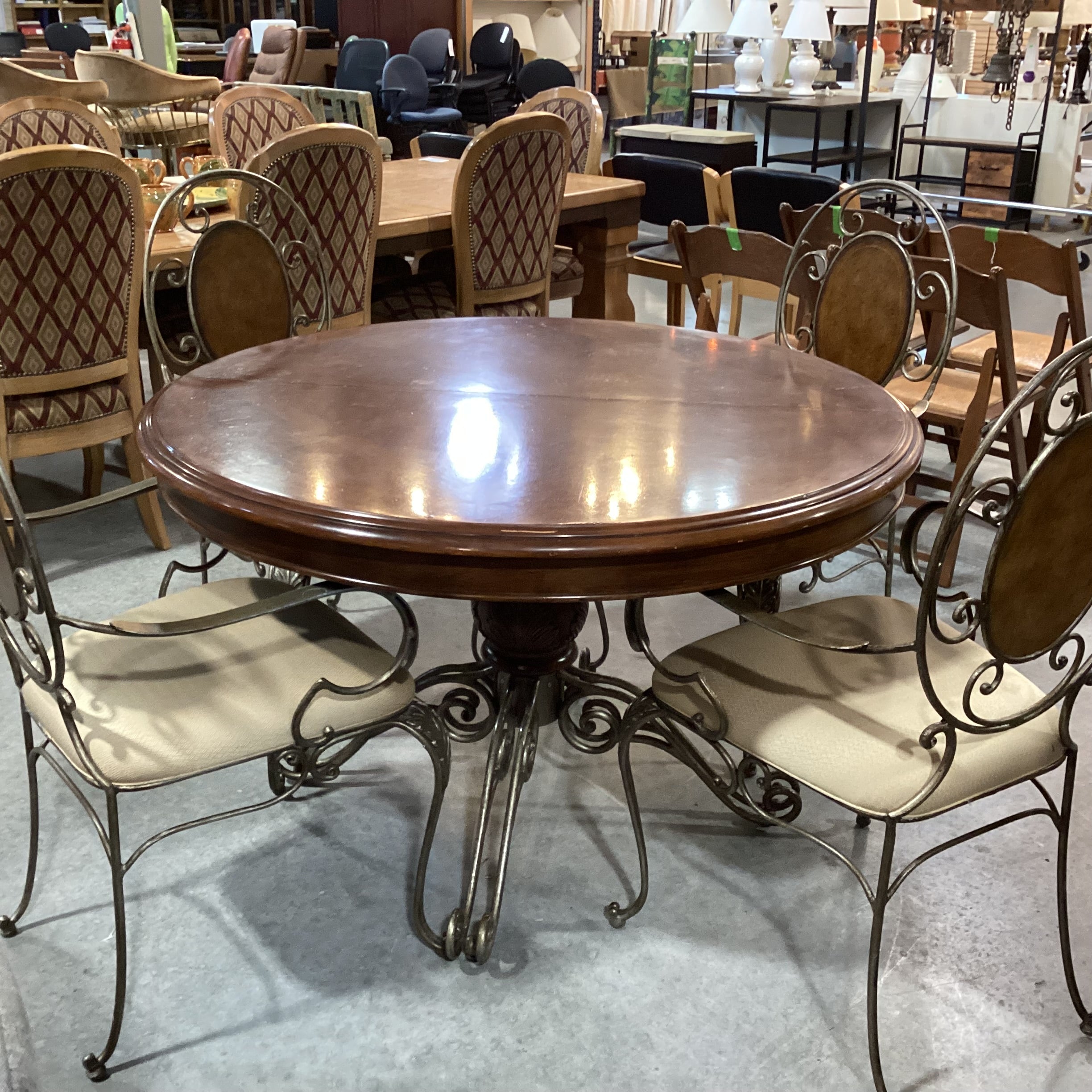 Round Finished Wood & Iron Table with 4 Chairs Dining Set 48" Diameter x 30"