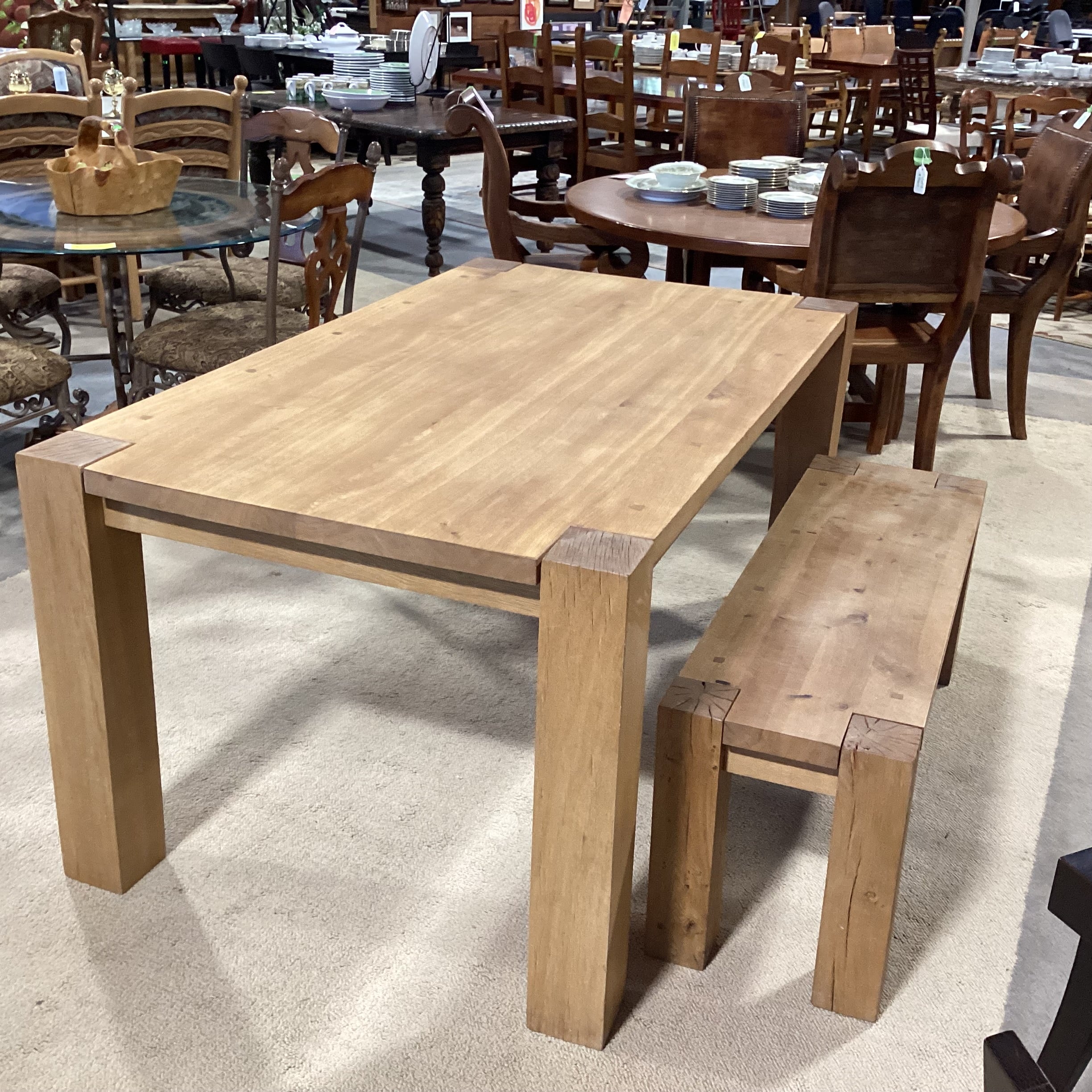 Crate & Barrel Ylifanti Rustic Solid Oak Table with Bench Dining Set 65"x 38"x 30.5"