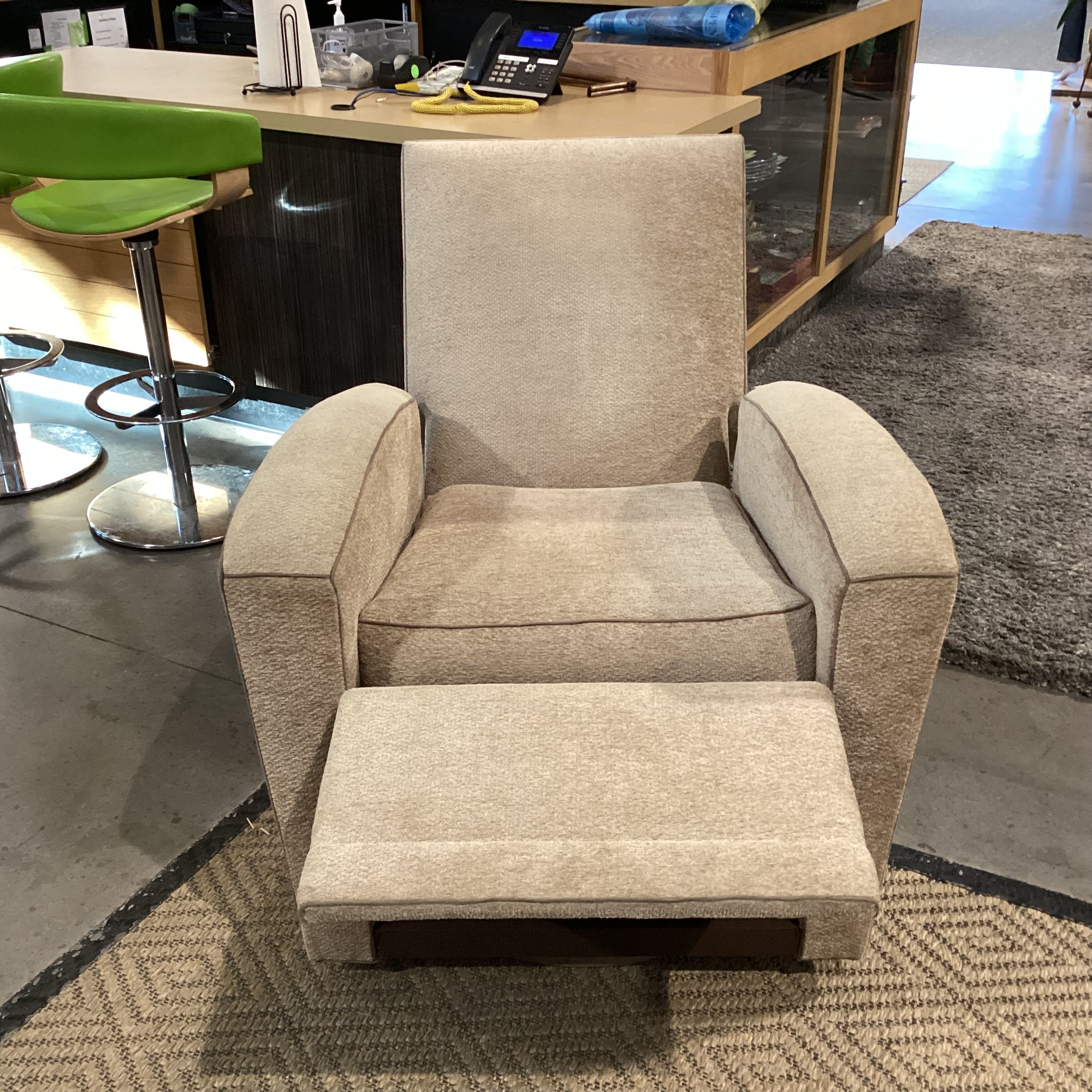 Beige Texture Woven Chenille with Taupe Piping Swivel Recliner Chair 35"x 40" to 66"x 41"
