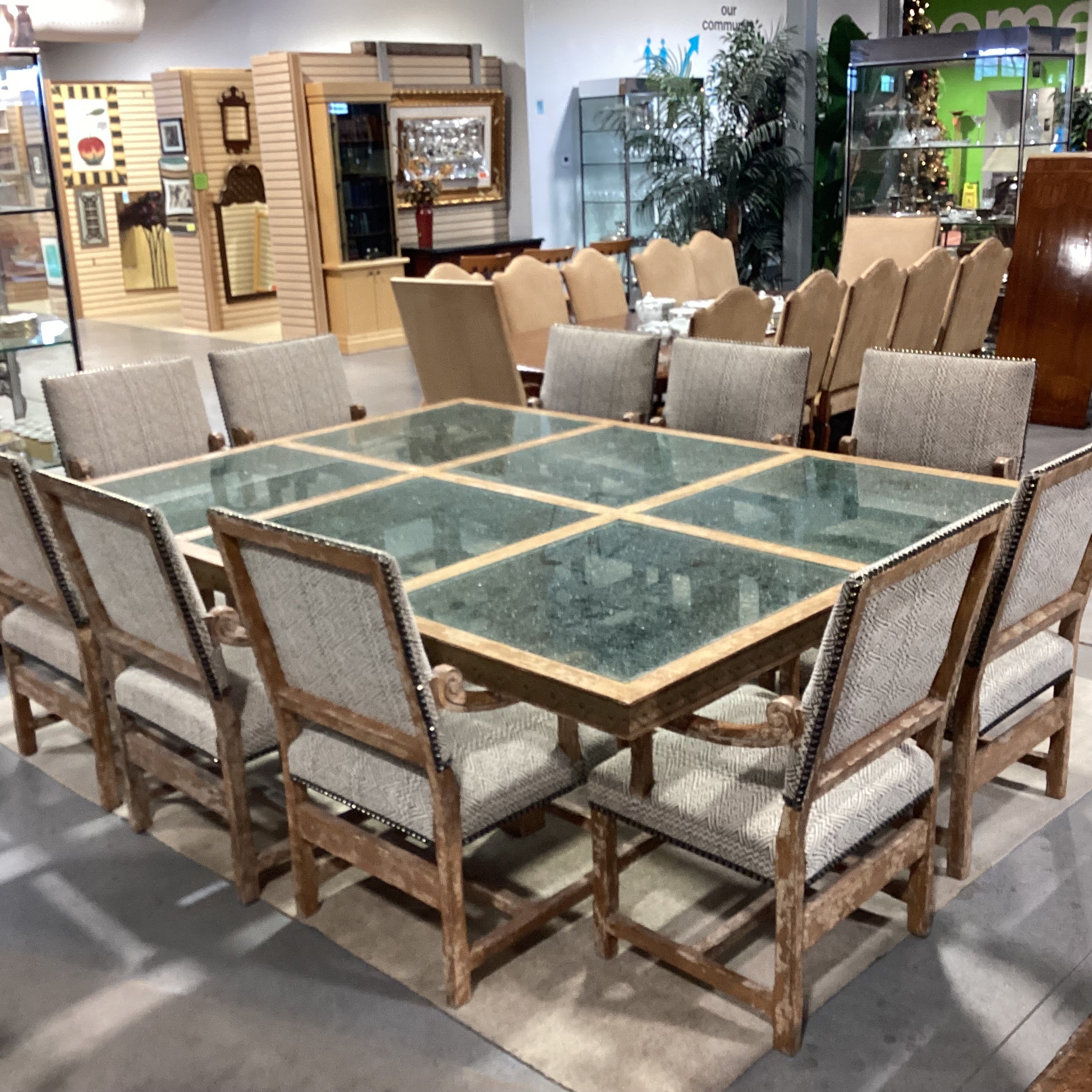 Custom Carved Textured Distressed Finish with Inset Crackle Glass Table with 10 Chairs Dining Set 96"x 72"x 30"