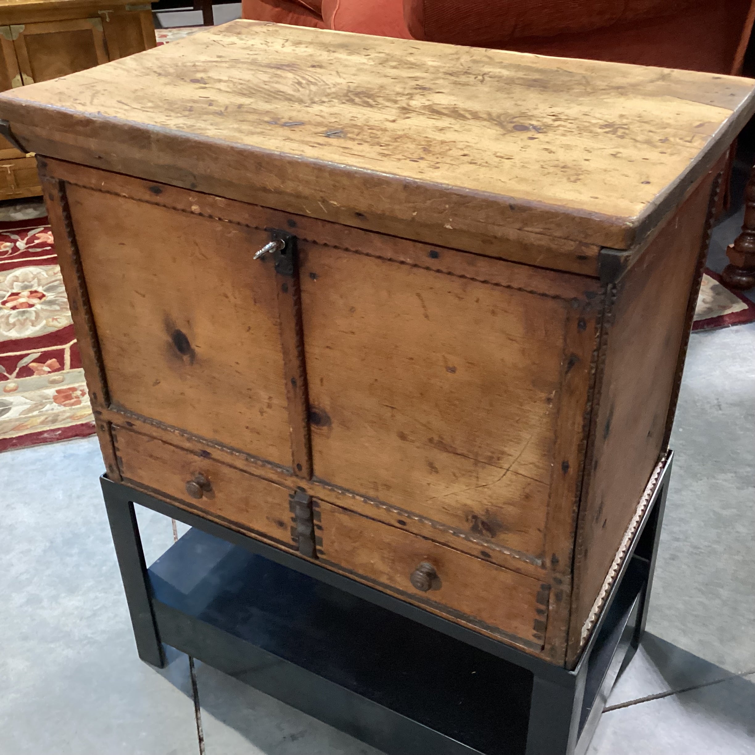 Antique Carved Wood with Metal Stand 2 Drawer & Storage Chest Trunk 22.5"x 14.5"x 28.5"
