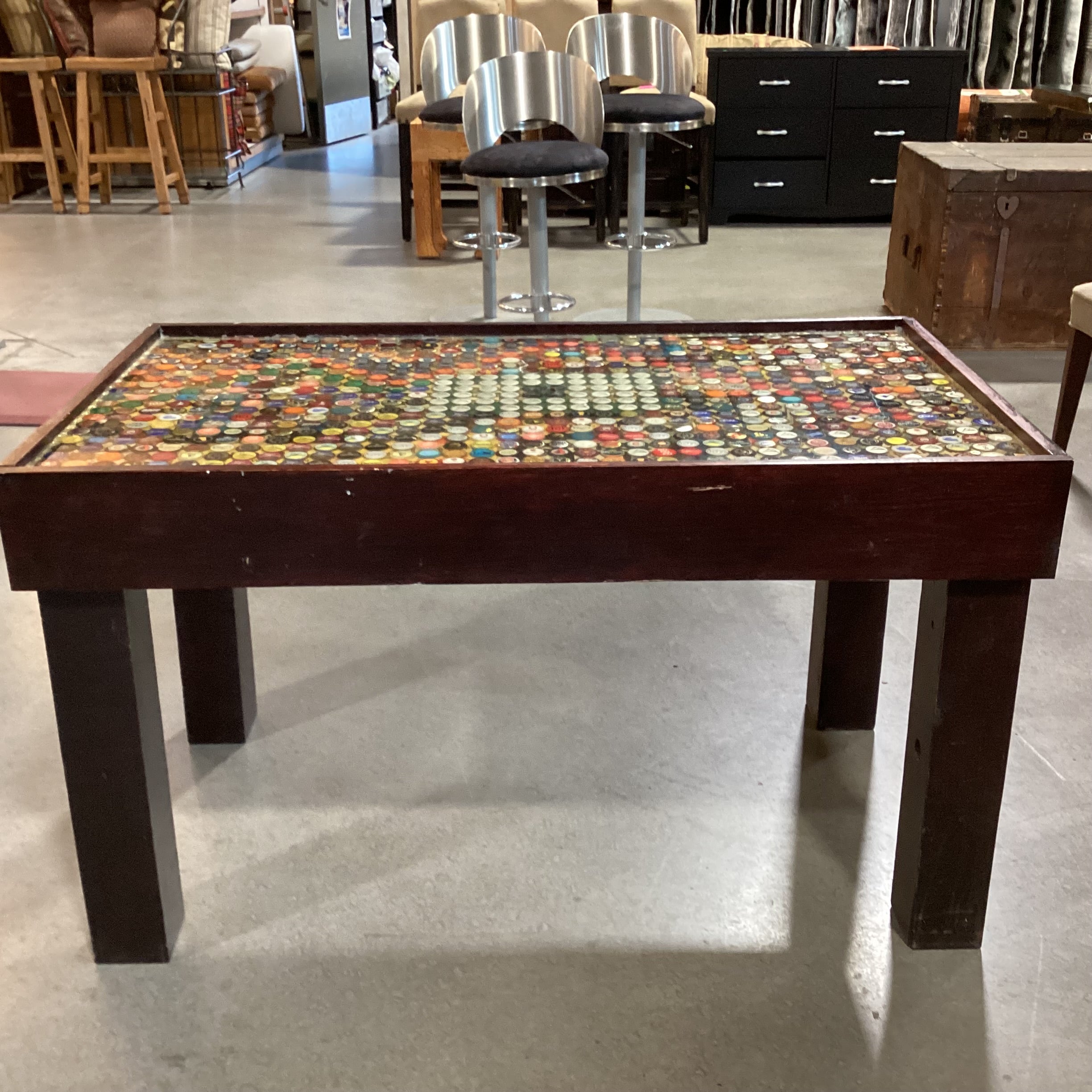 Handmade Wood & Bottle Top Design Accent Table 44.5"x 25.5"