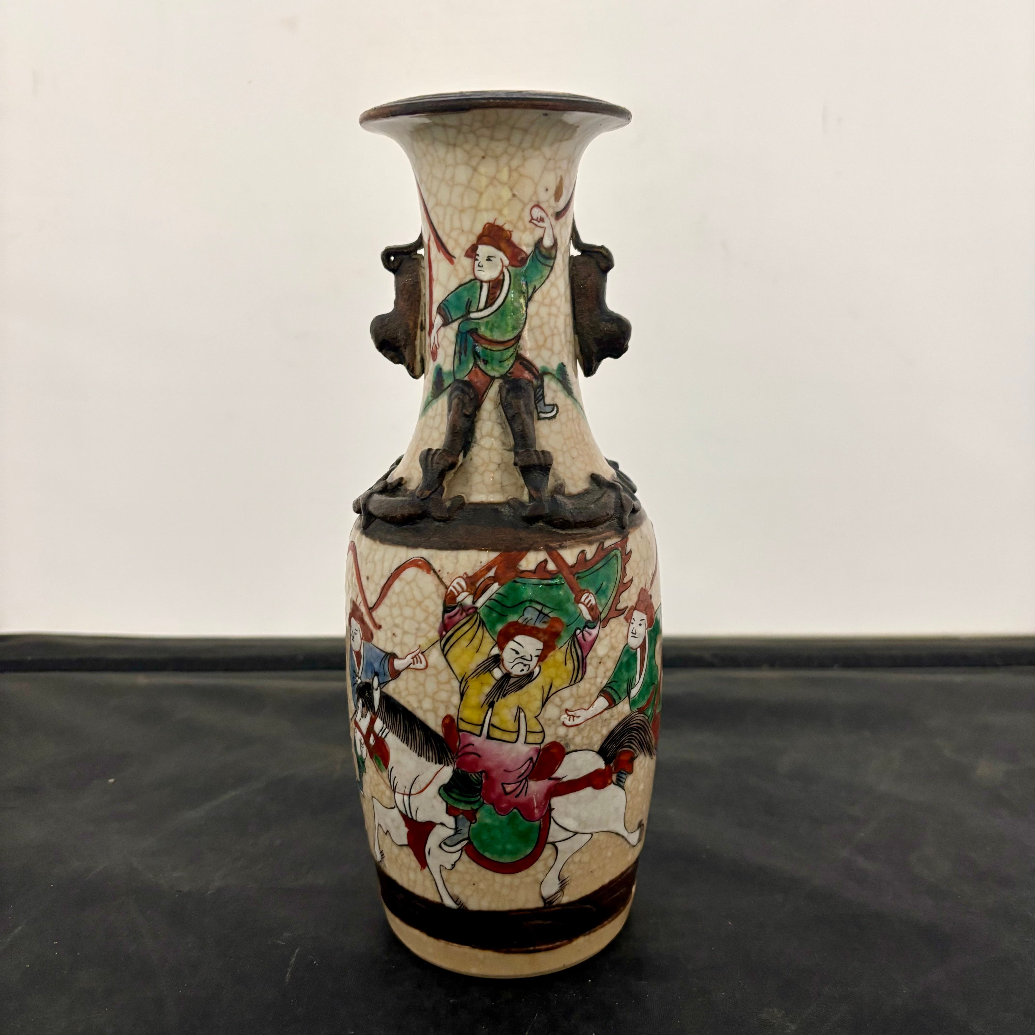 Antique Chinese Signed Famille Verte Vase with Figures and Faux Bronze Decoration 9.5"x 3.5"