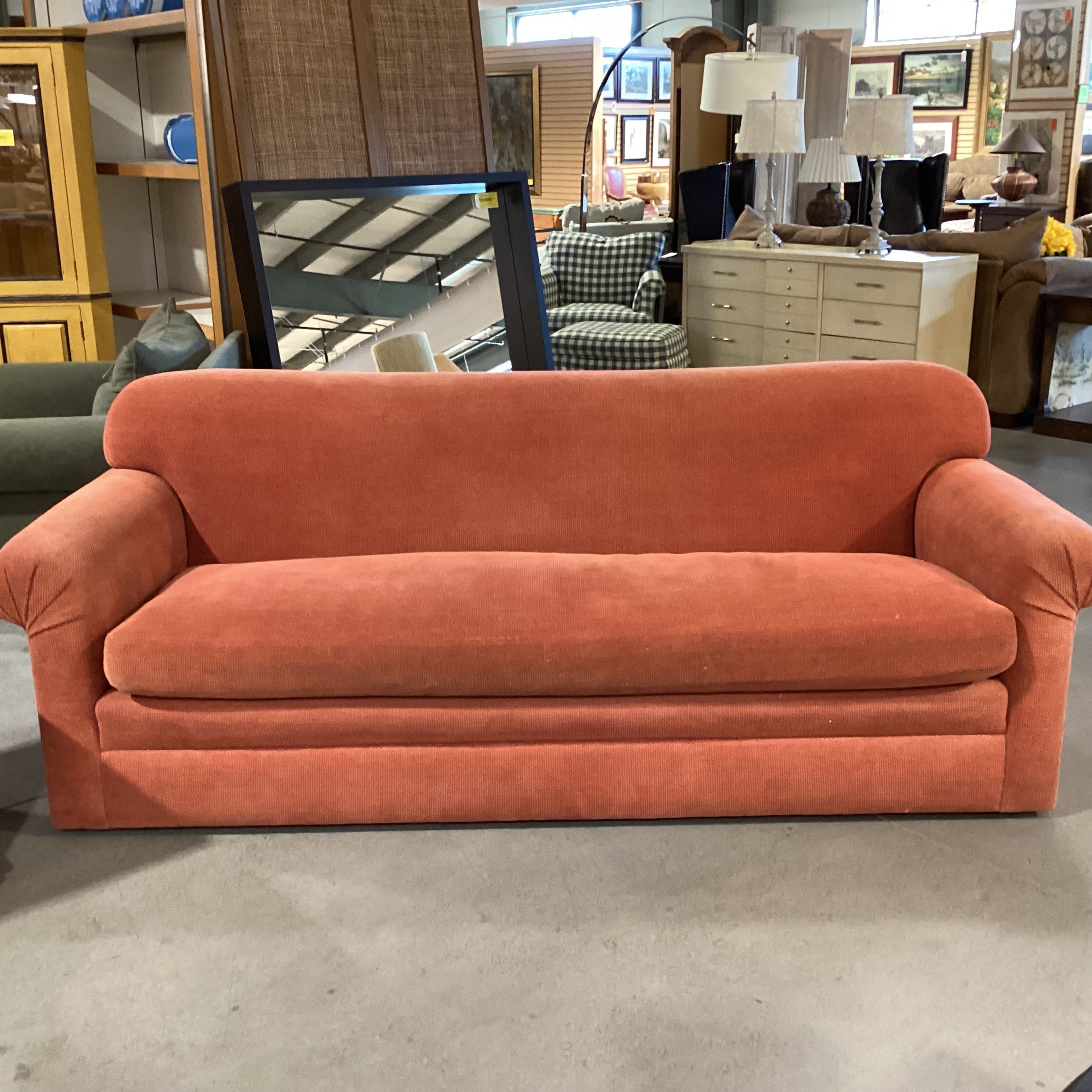 Burnt Orange Woven Chenille Down Mix Roll Arm Sofa 91"x 38"x 34"