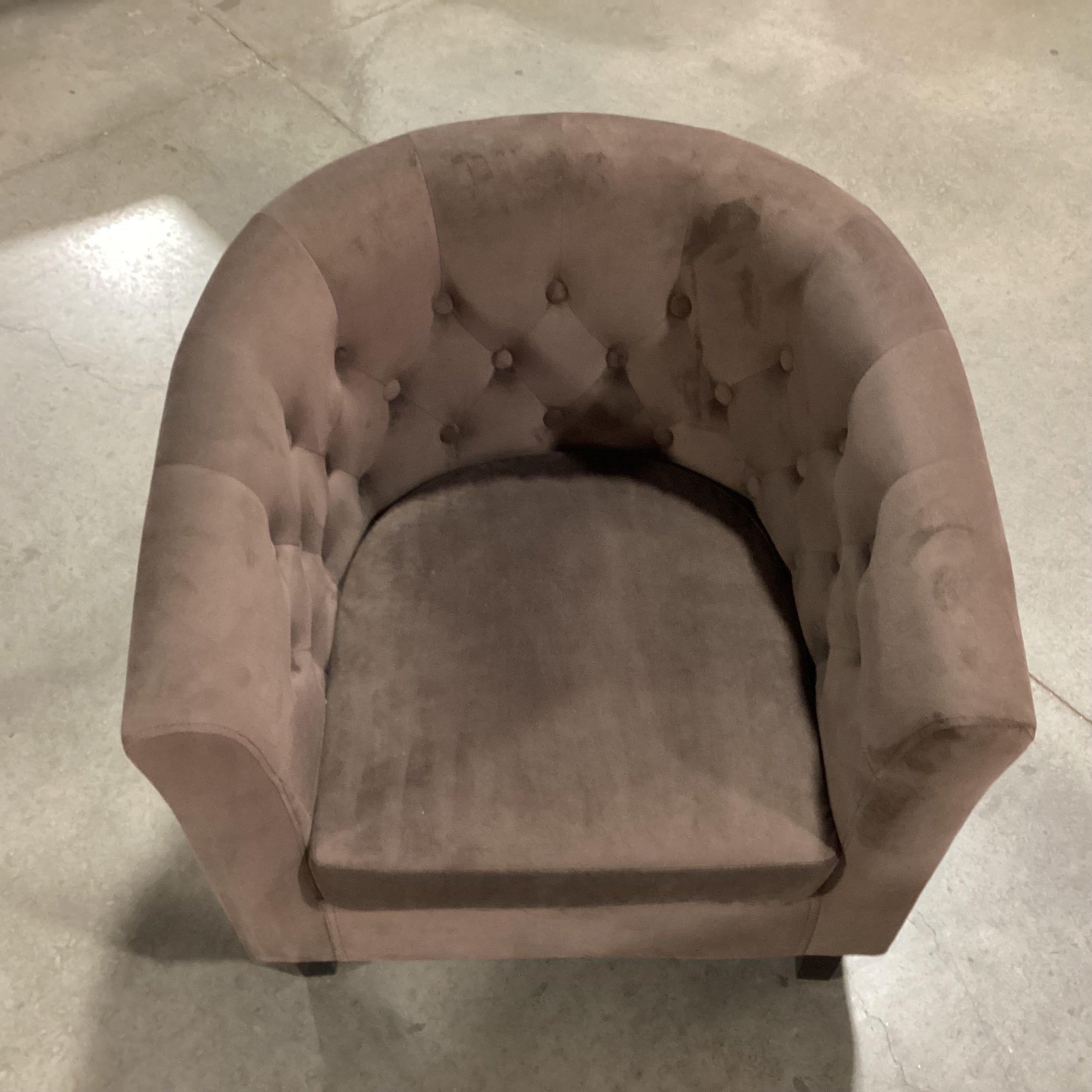 Taupe Brown Plush Velvet Button Tufted Barrel Chair 30"x 28"x 30"