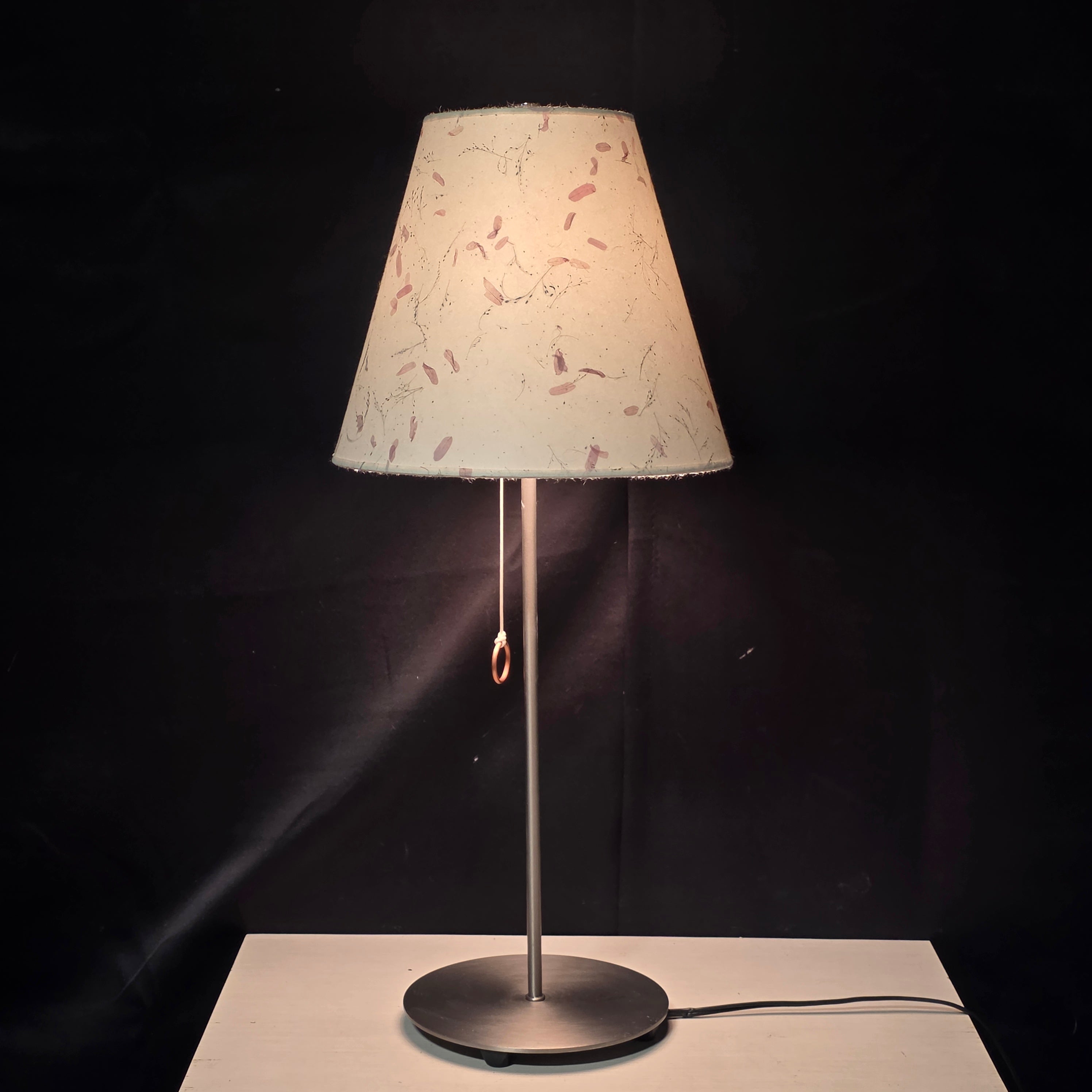 1999 George Kovacs Minimalist Lamp, Copper Tug String and Floral Shade 10D"x24"