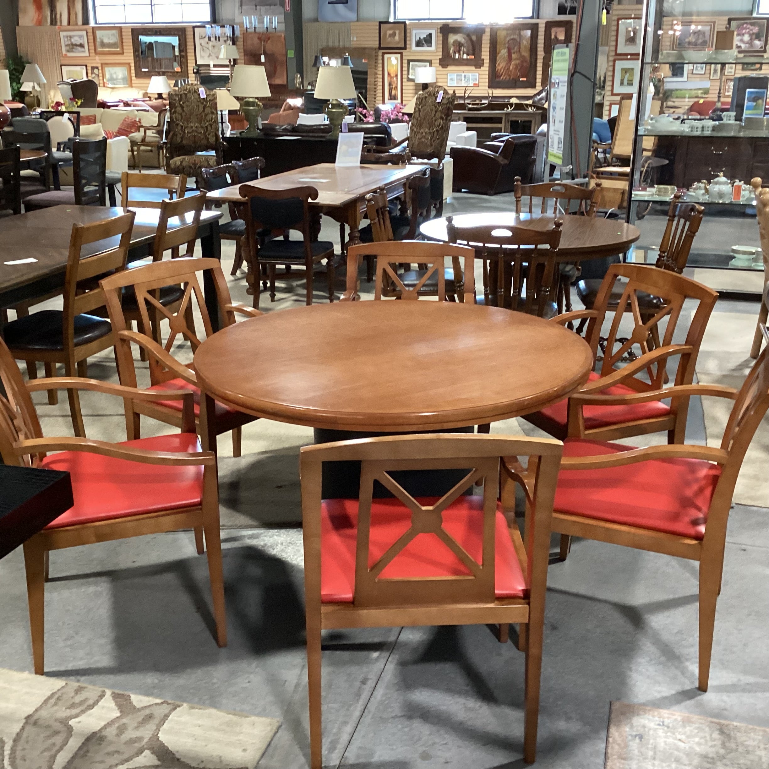 Round Finished & Pressed Maple Black Leather Like Pedestal Table with 6 Red Leather Like Chairs Dining Set 48" Diameter x 29"