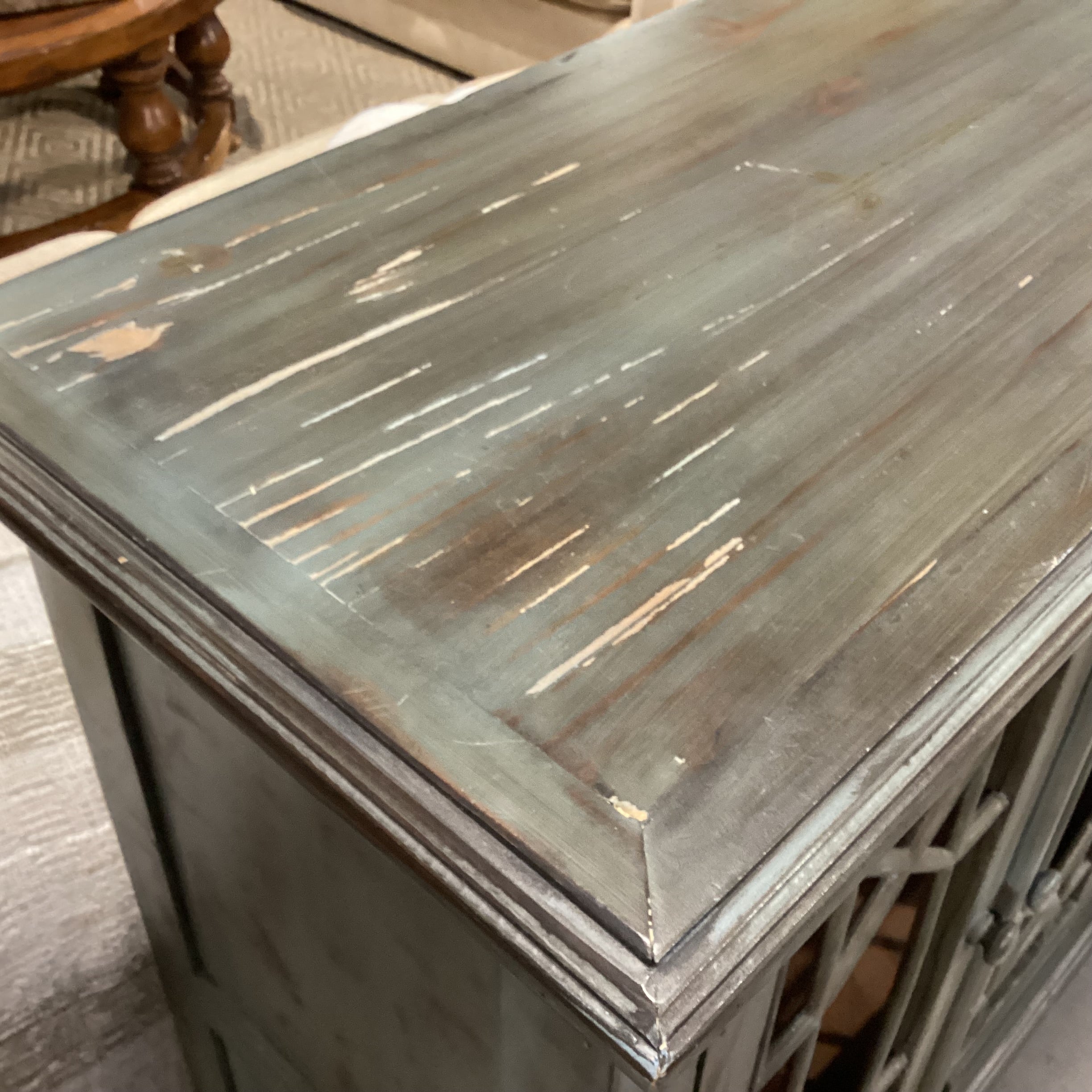 Green Washed Wood & Metal 4 Door with Shelves Console Credenza 71"x 18"x 42.5"