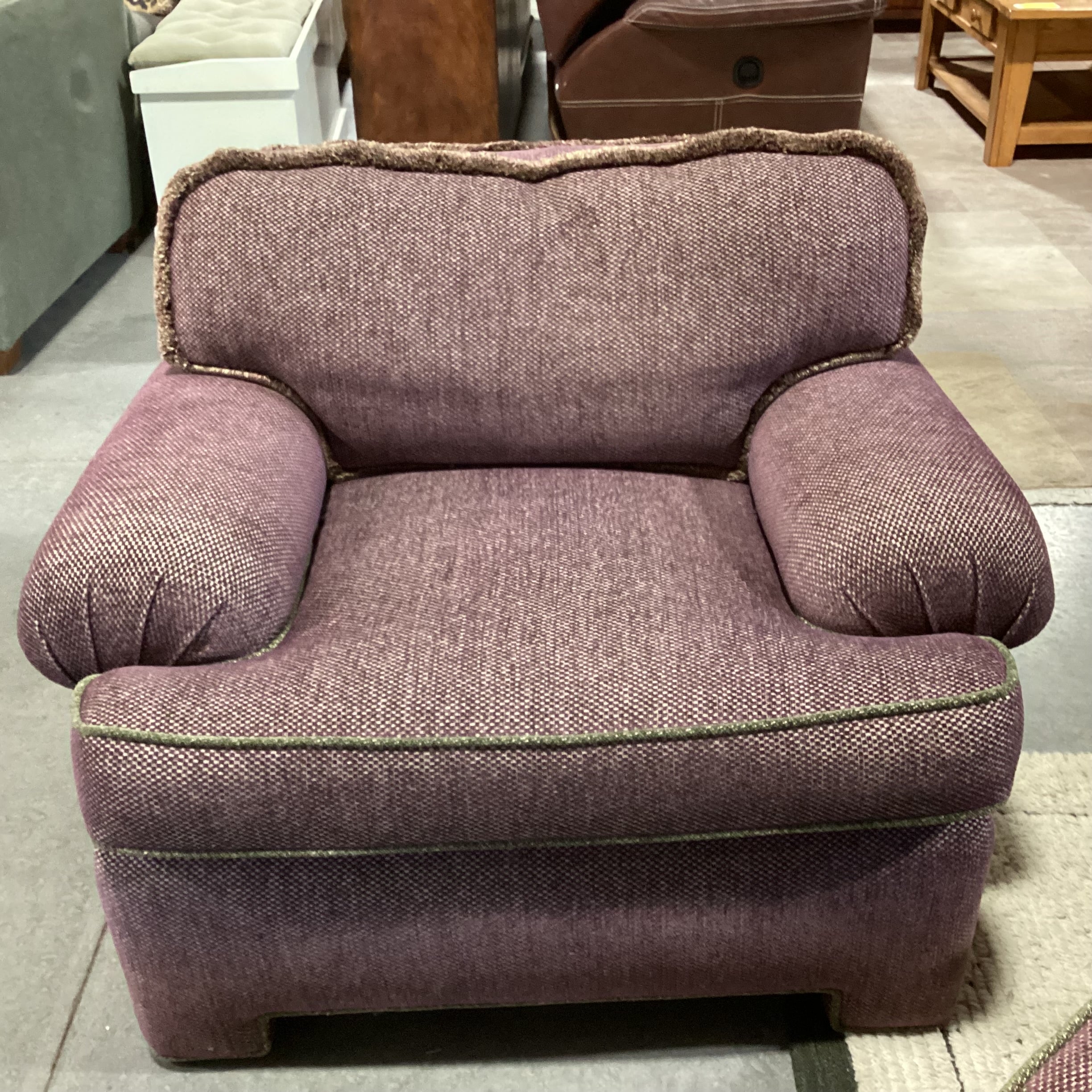 D. Langston Custom Purple & Cream Woven With Green Piping Down Mix With Ottoman Chair 40"x 36"x 28"