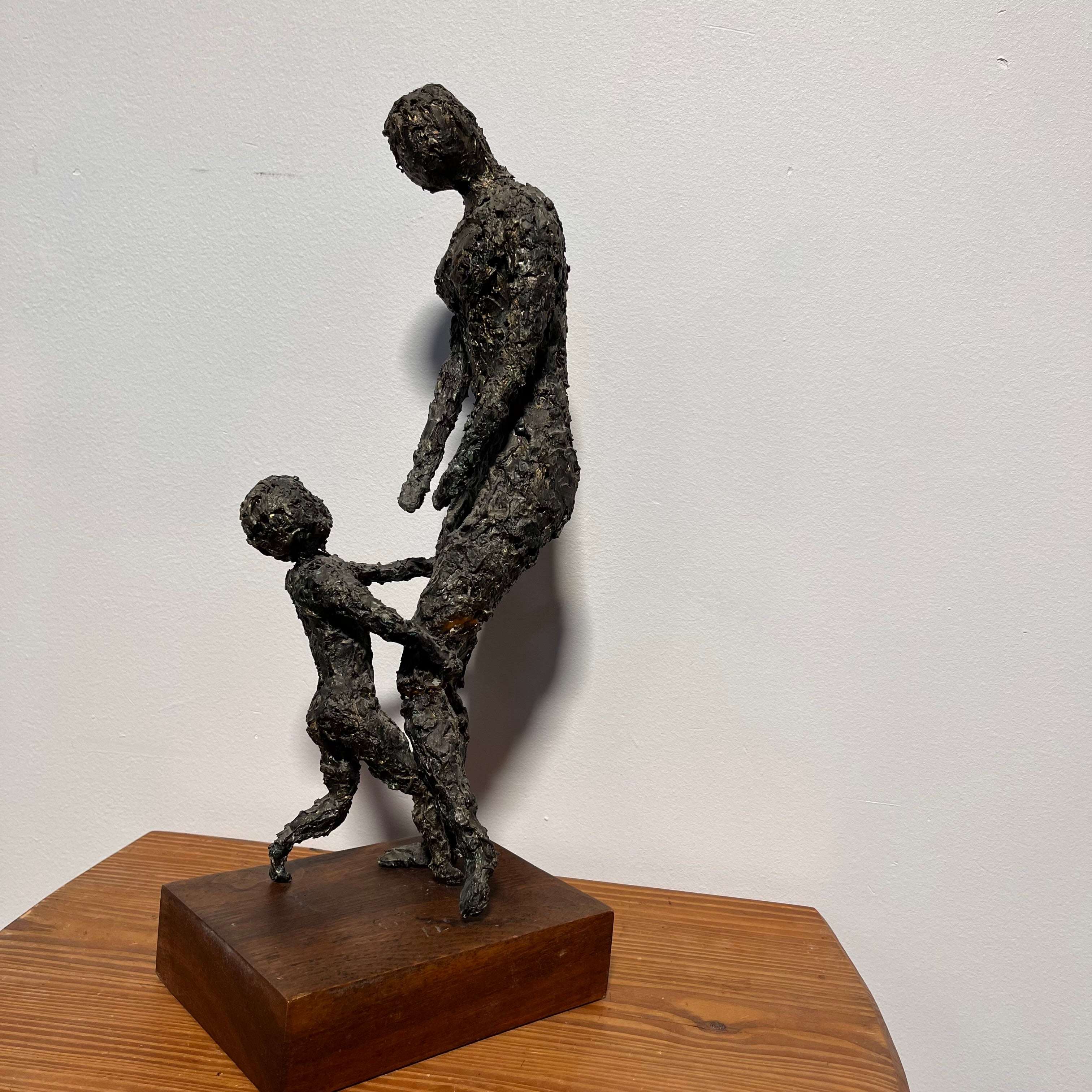 J. Hurley 1966 Mid-century Giacometti Style Mother and Child Sculpture; 8"x 17"x 5.5"