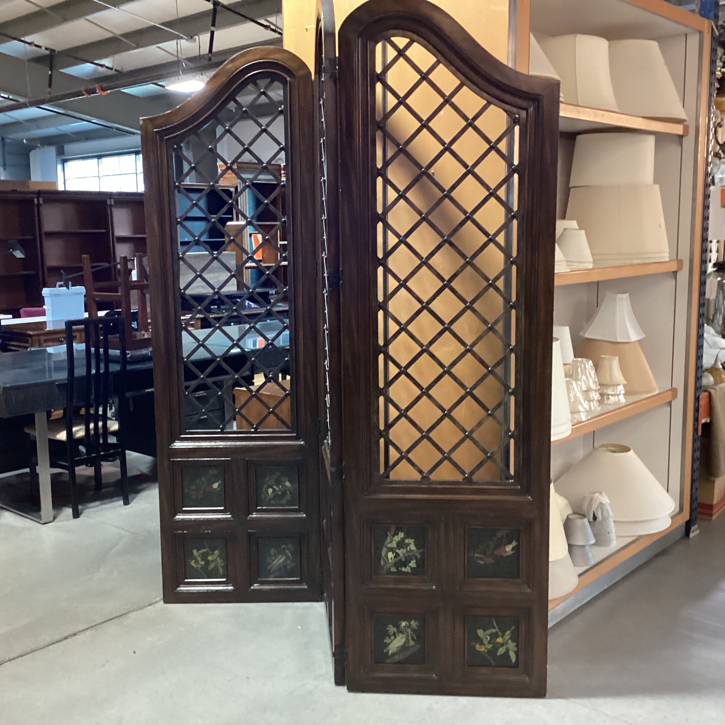 Maitland Smith Carved Wood Metal Lattice & Bird Painted Glass Panes 3 Panel Room Divider 26"x 91.5" Per Panel