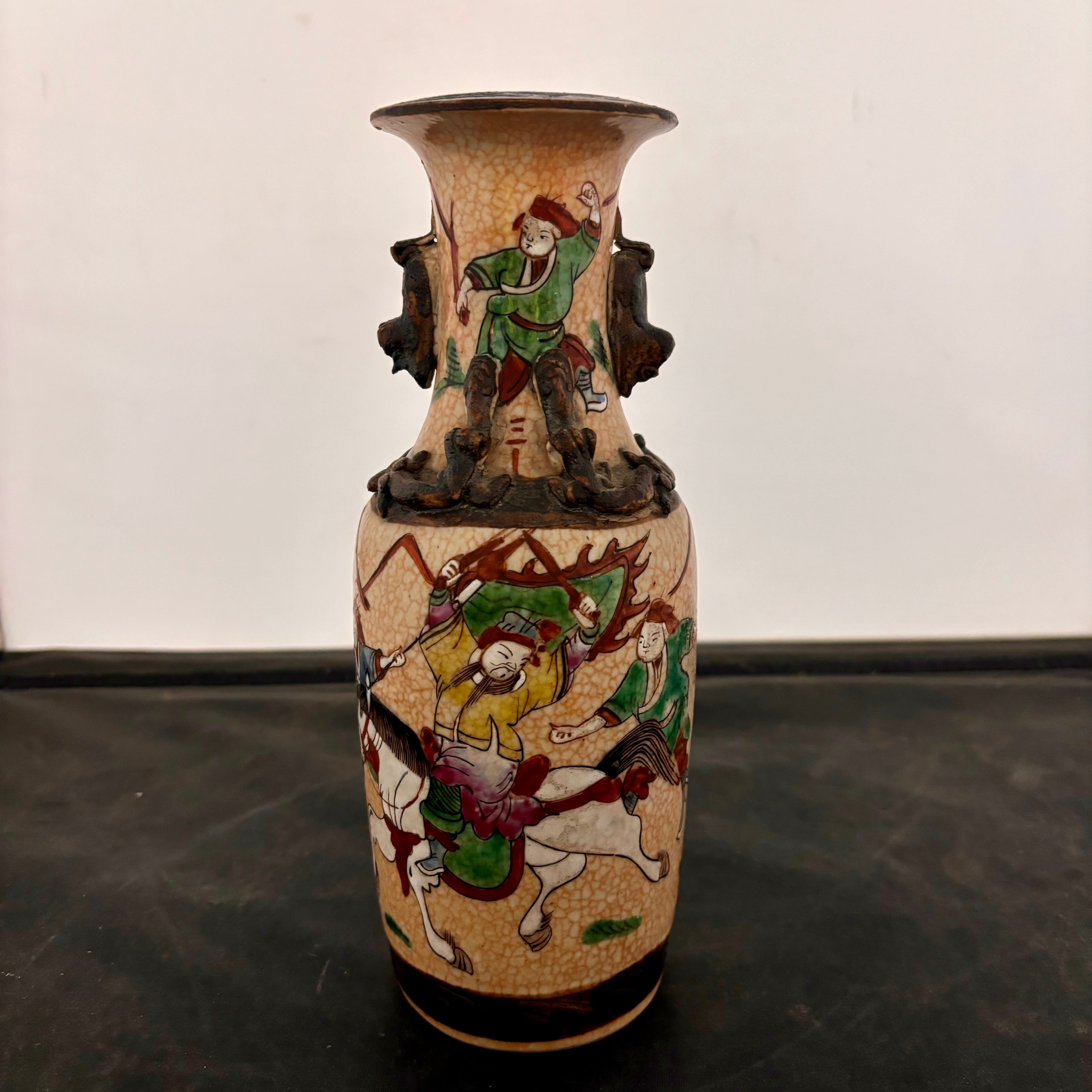 Antique Chinese Signed Famille Verte Vase with Figures and Faux Bronze Decoration 9.5"x 3.5"