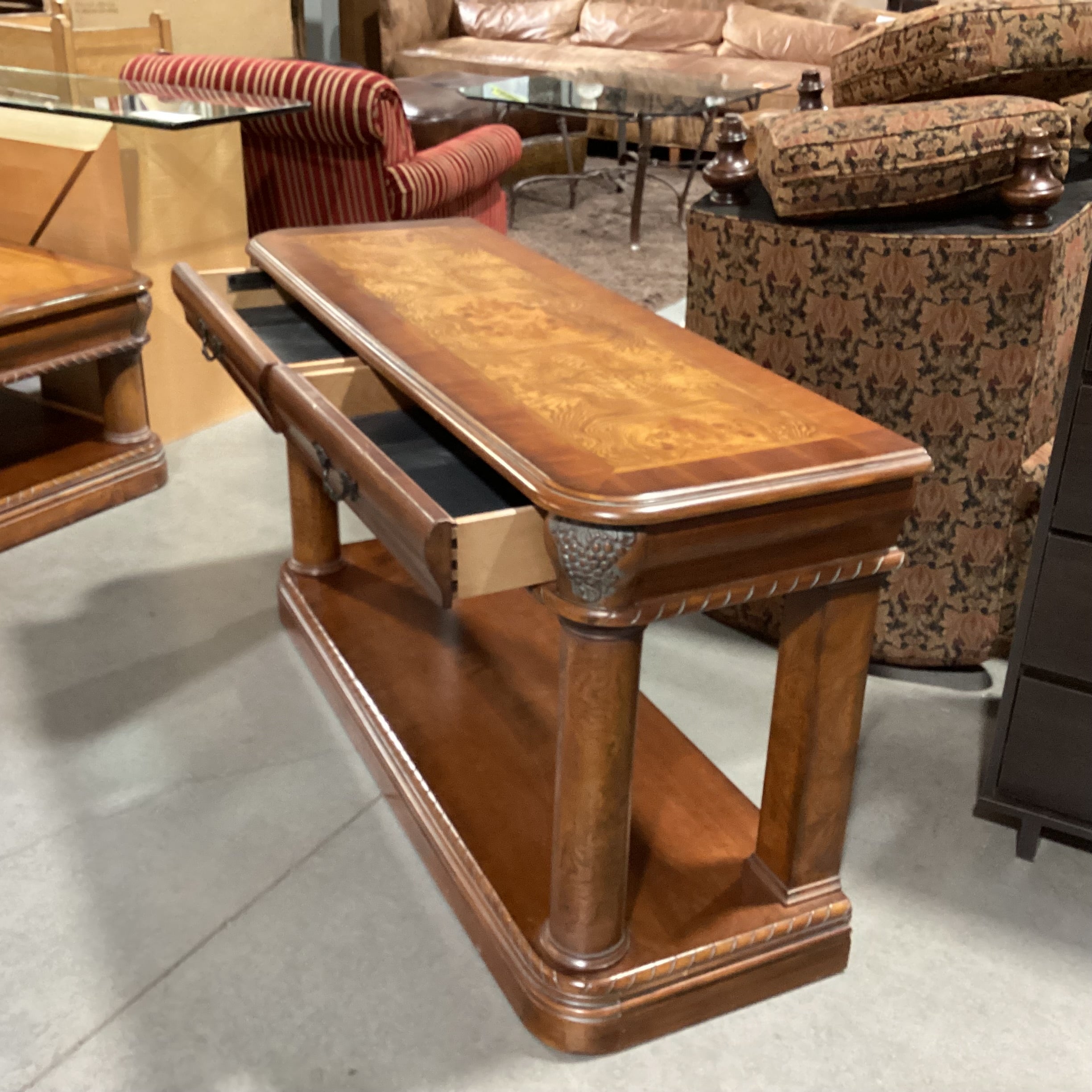Aspen Home Burl Veneer & Carved Wood Sofa Table 53.5"x 18"x 30"
