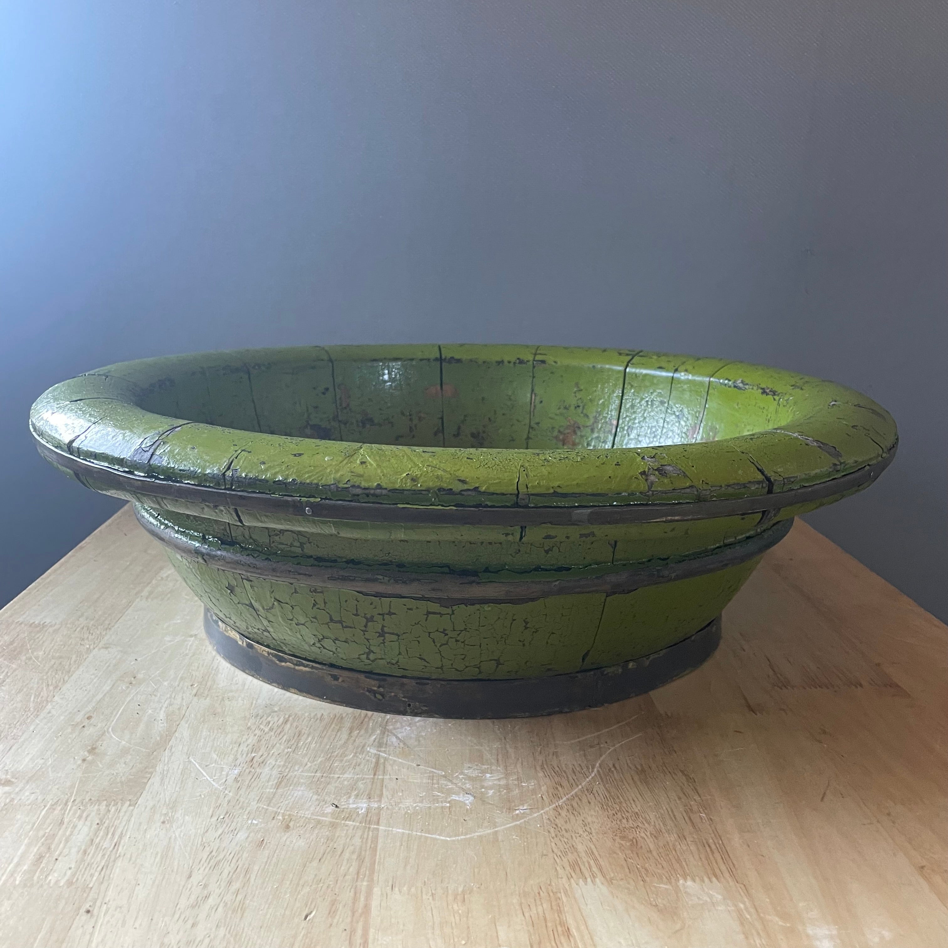 Antique Chinese Green Lacquer Wood, Metal Banded Wash Basin, 20.5"x 6"
