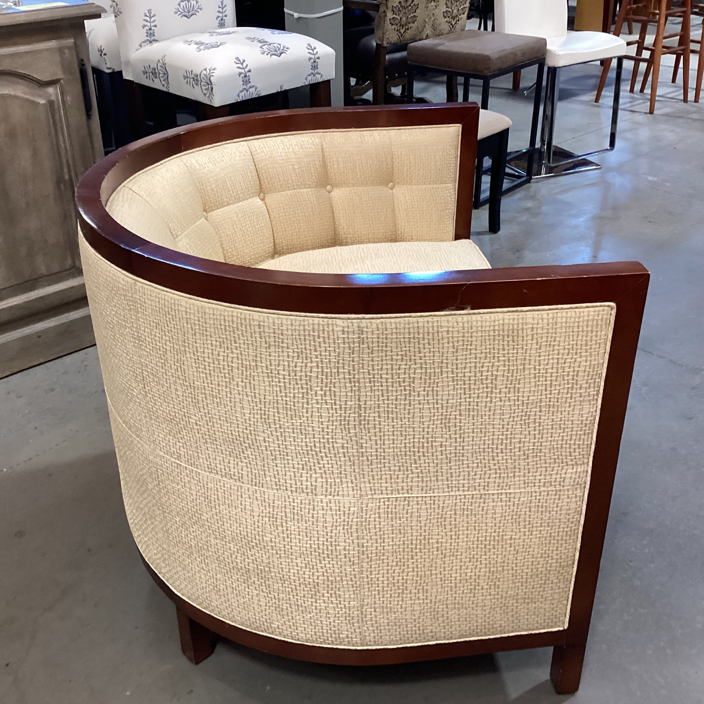 Baker Furniture Golden Silky Woven with Button Tufting Half Moon Chair 36"x 31"x 30.5"