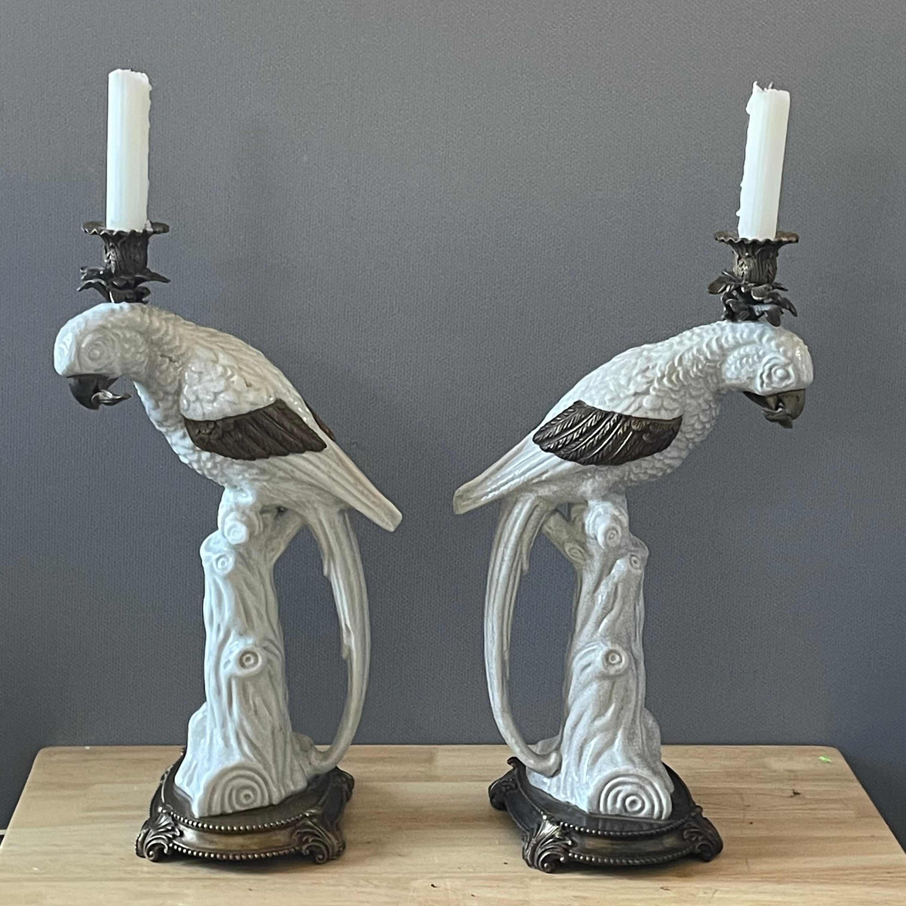 Castilian Imports White Glazed Porcelain with Brass Base Cockatoo Candlesticks, Pair