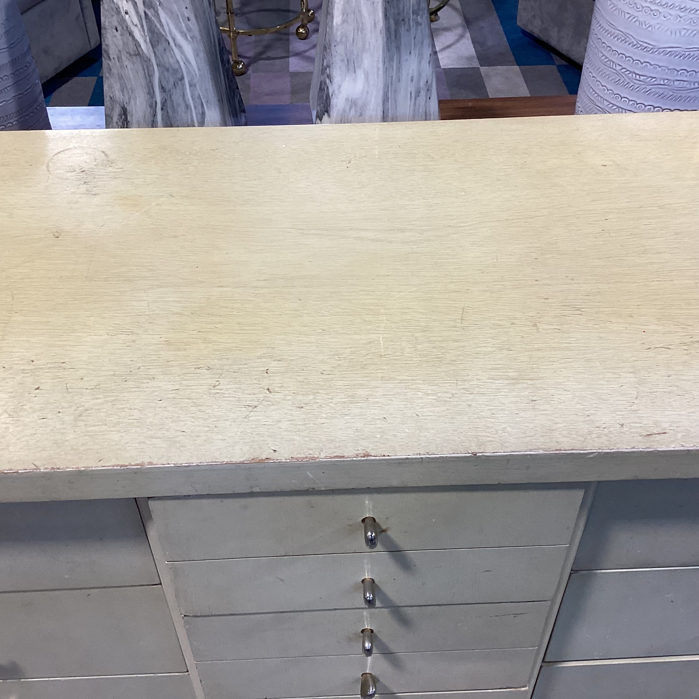 Mid Century Blonde Finish Wood 9 Drawer Dresser 58"x 18"x 33"