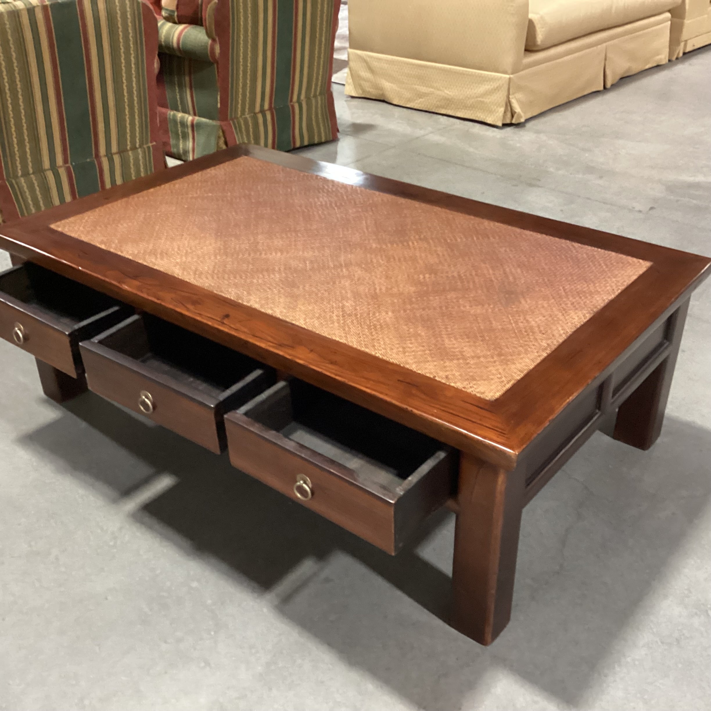 Distressed Finish Carved Wood & Wicker Raffia Woven Inset Top 6 Drawer Coffee Table 55"x 33.5"x 18"