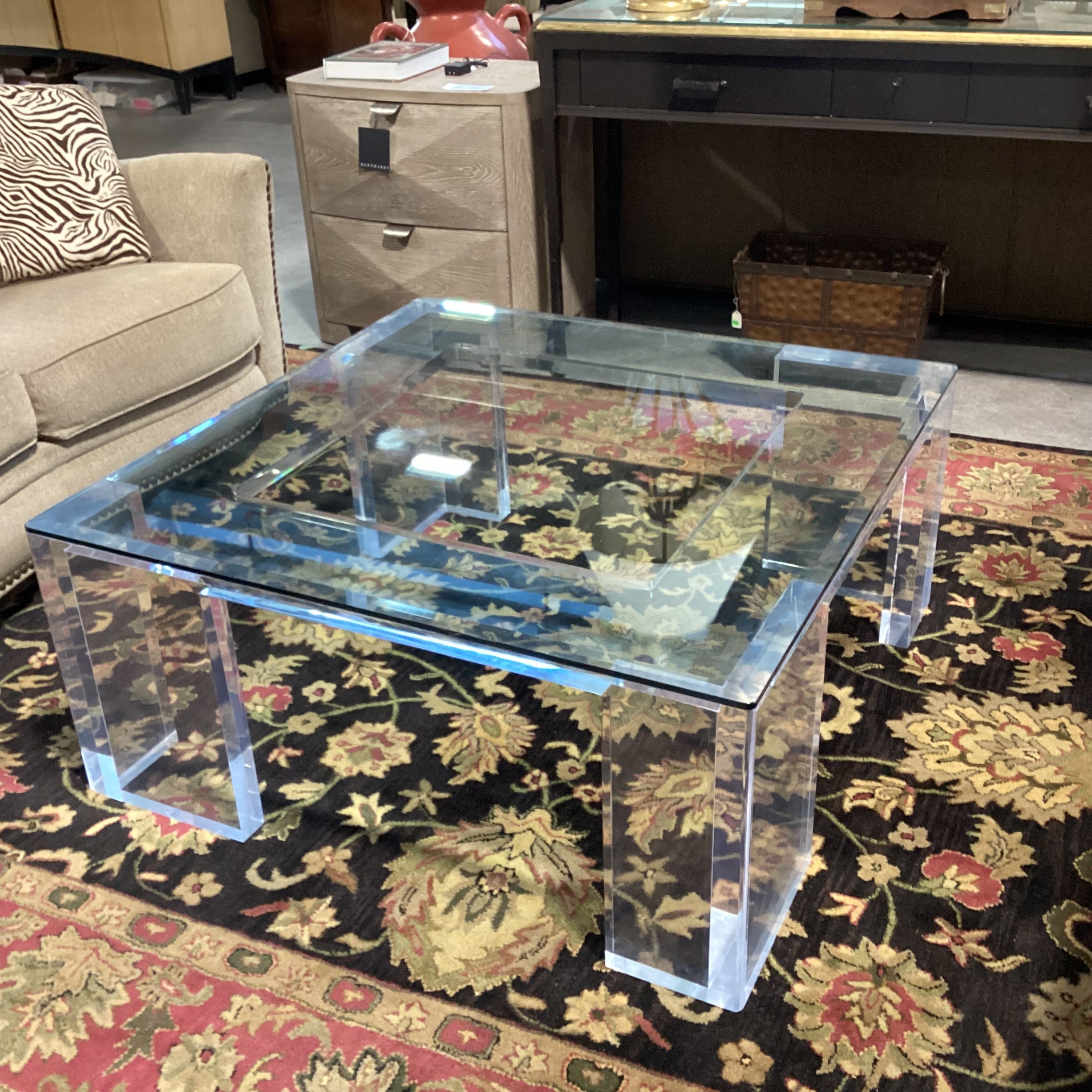 Modern Lucite & Glass Coffee Table 42"x 42"x 19"