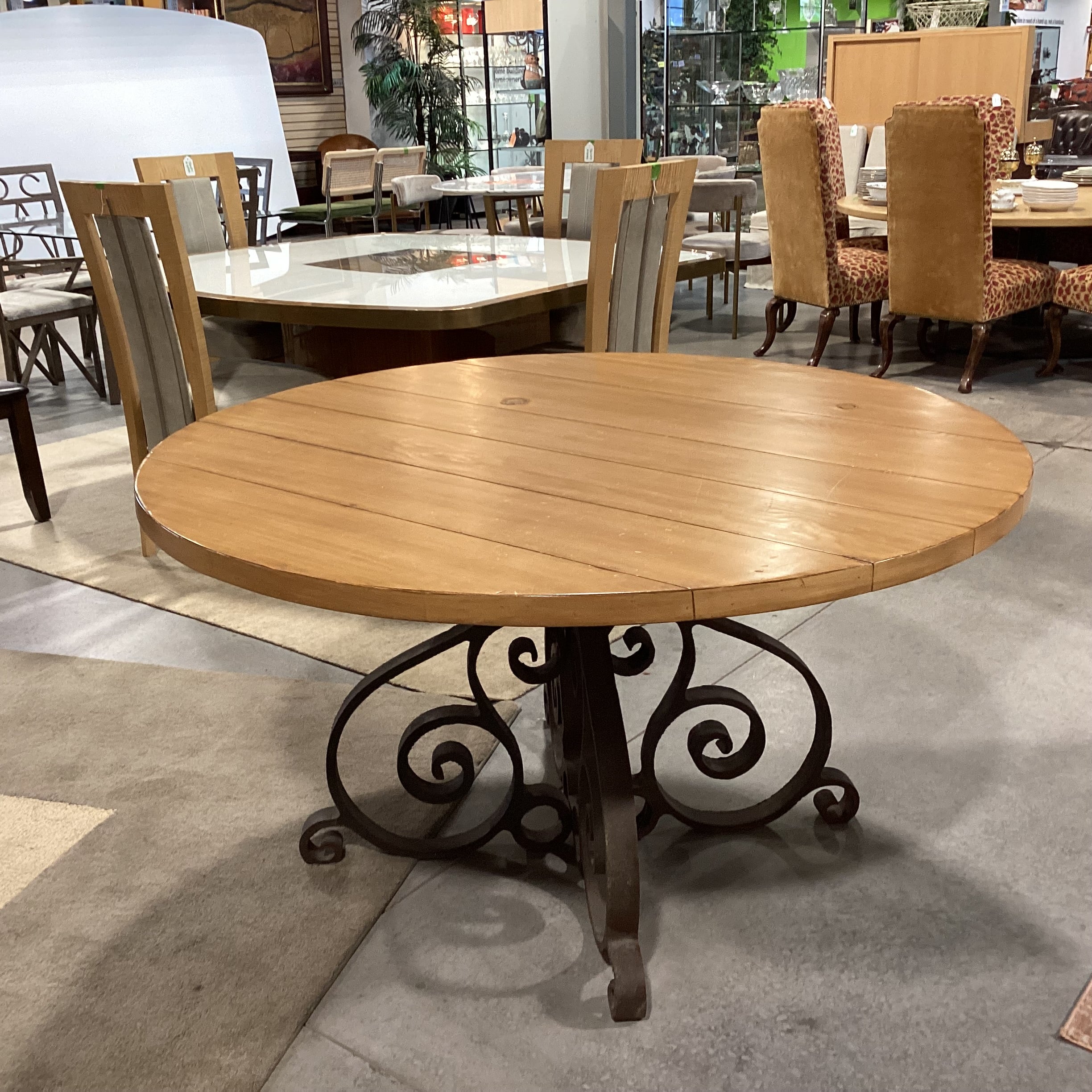 Round Pine Plank & Heavy Ornate Iron Dining Table 54" Diameter x 29.5"