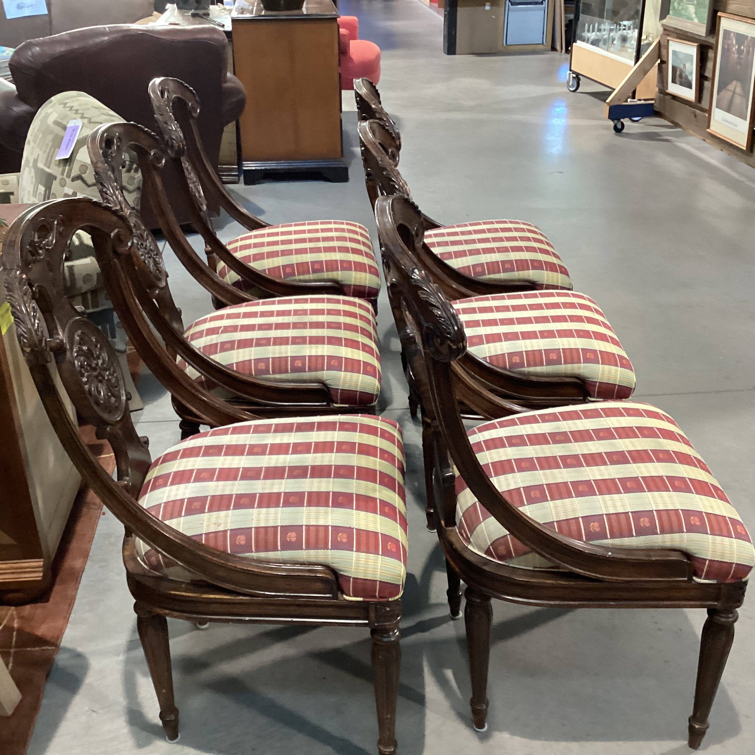 SET of 6 Ornate Carved Wood & Gold Red Cherry Ribbon Dining Chairs 20"x 24"x 38"