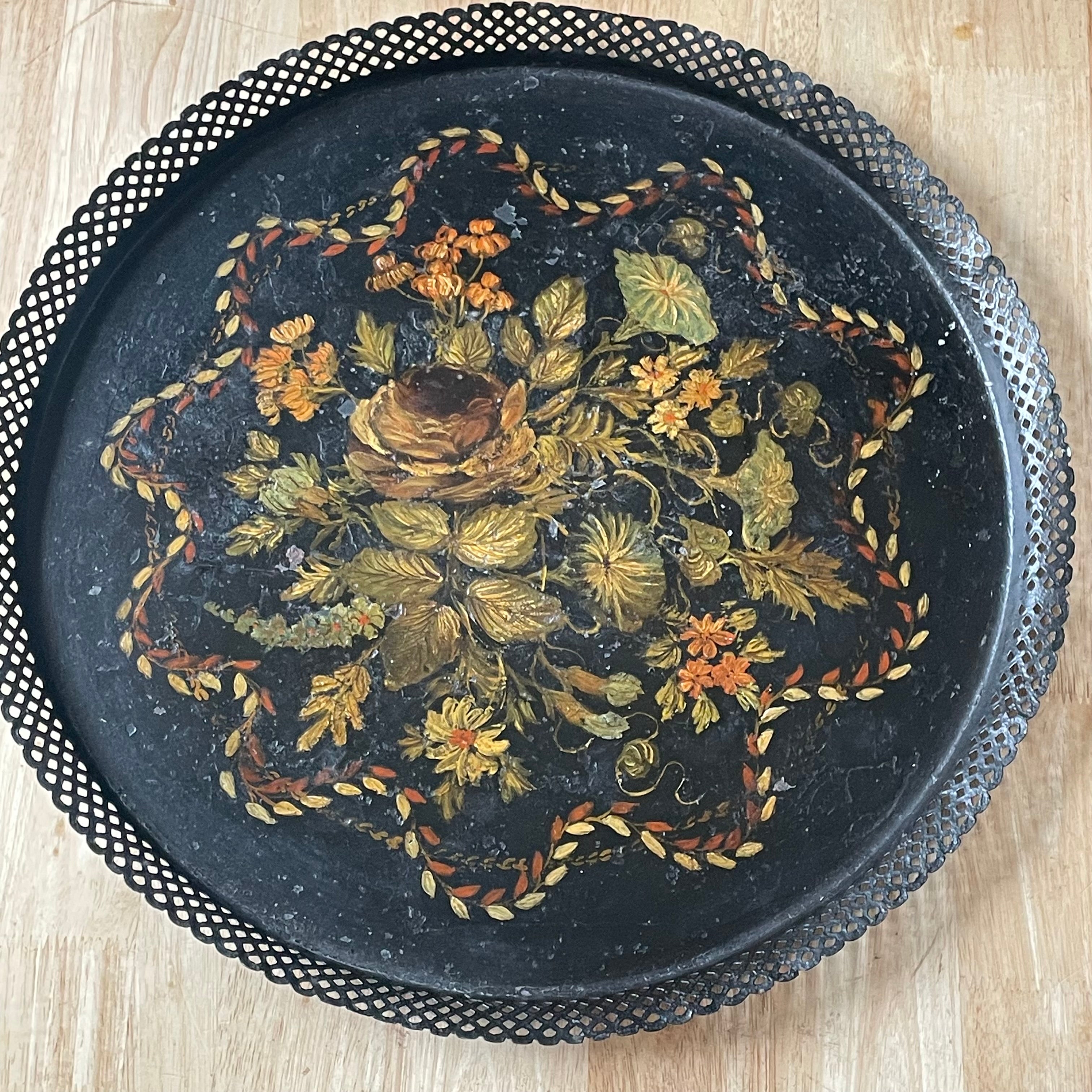 Antique Black Reticulated Edge Hand Painted Toleware Round Serving Tray, 17"x .75"