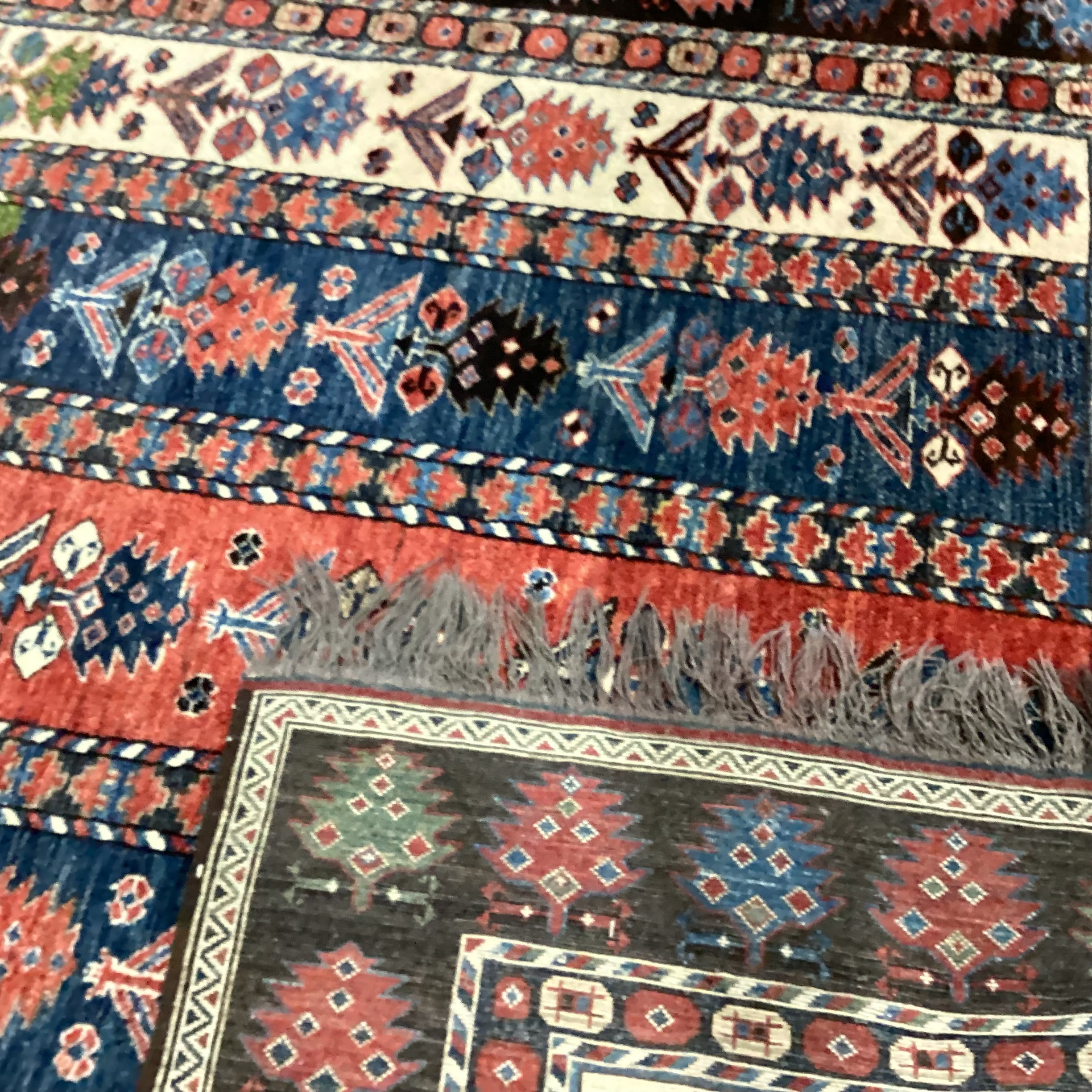Vintage Red Blue Green Brown Kazak Hand Woven Wool Rug 6'5"x 8'5"