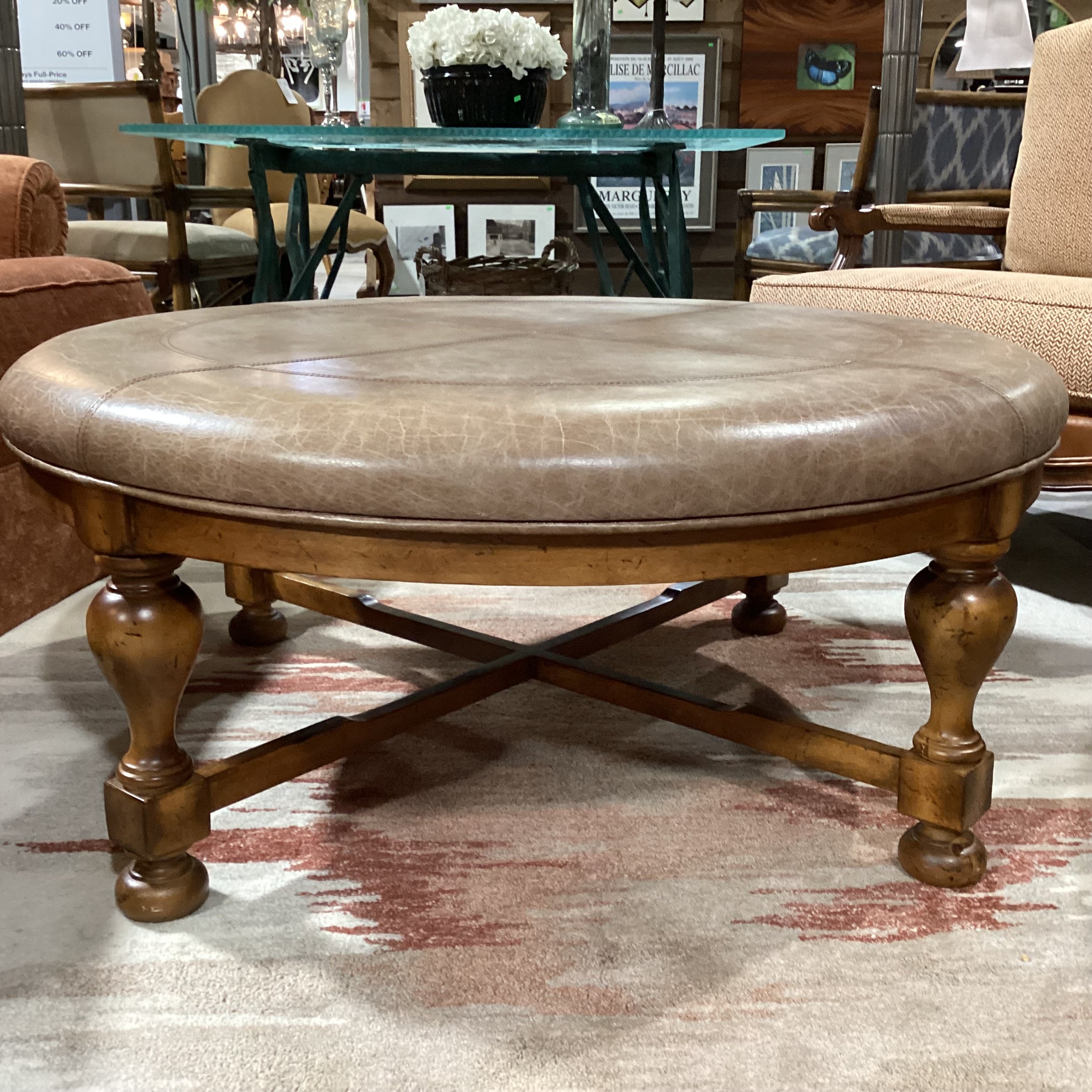 Carved Wood & Distressed Leather Round Ottoman 45" Diameter x 19.5"