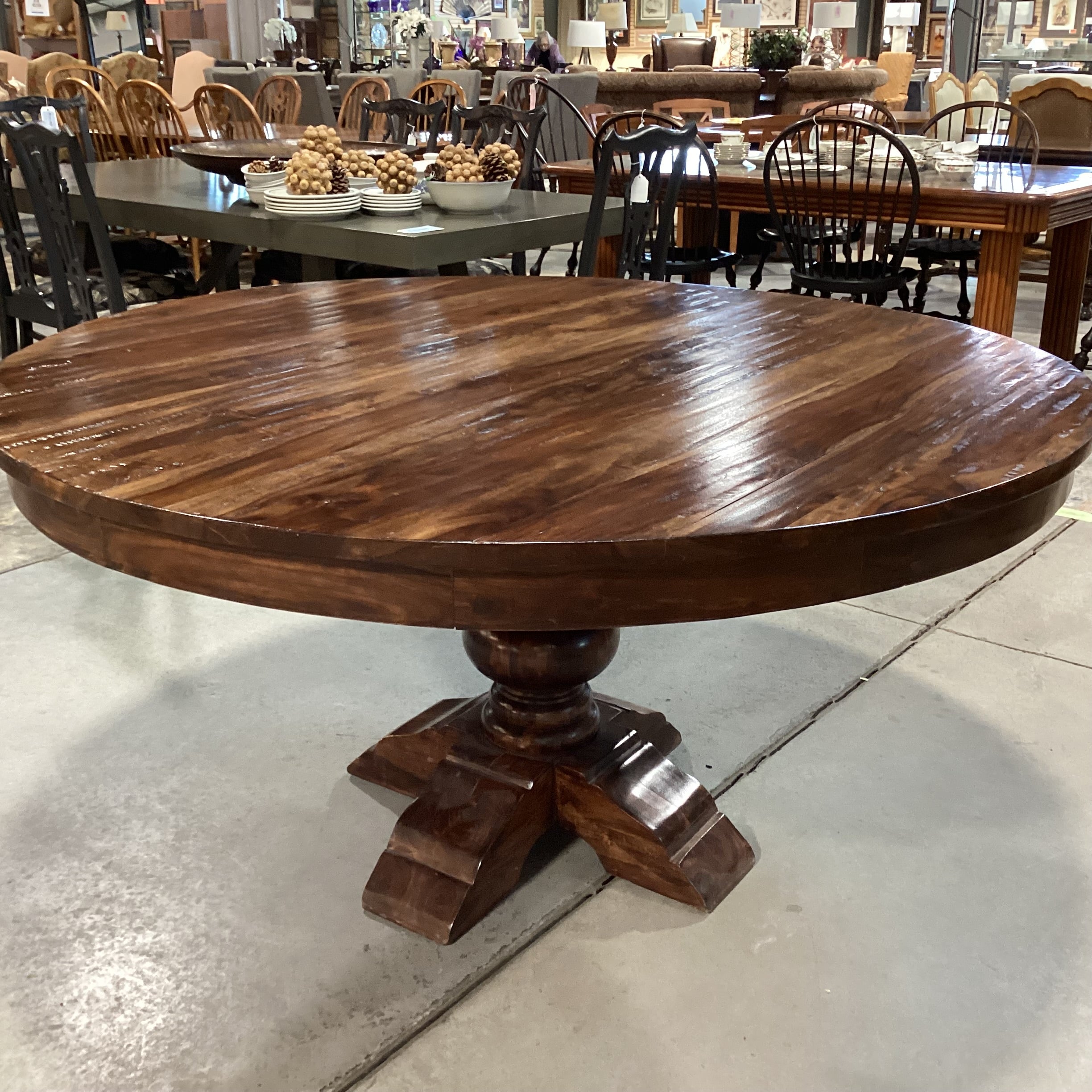 Dark Distressed Finish Round Solid Wood with Pedestal Dining Table 60" Diameter x 30.5"