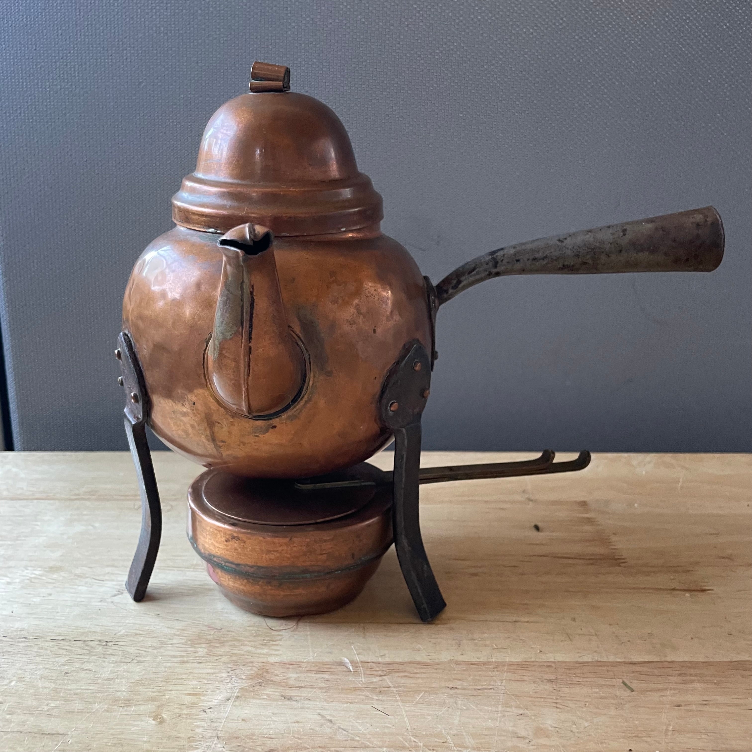 Antique Swedish Copper/Cast Iron Footed Tea Pot with Matching Copper Burner Base, 10"x 8"x 8.5"