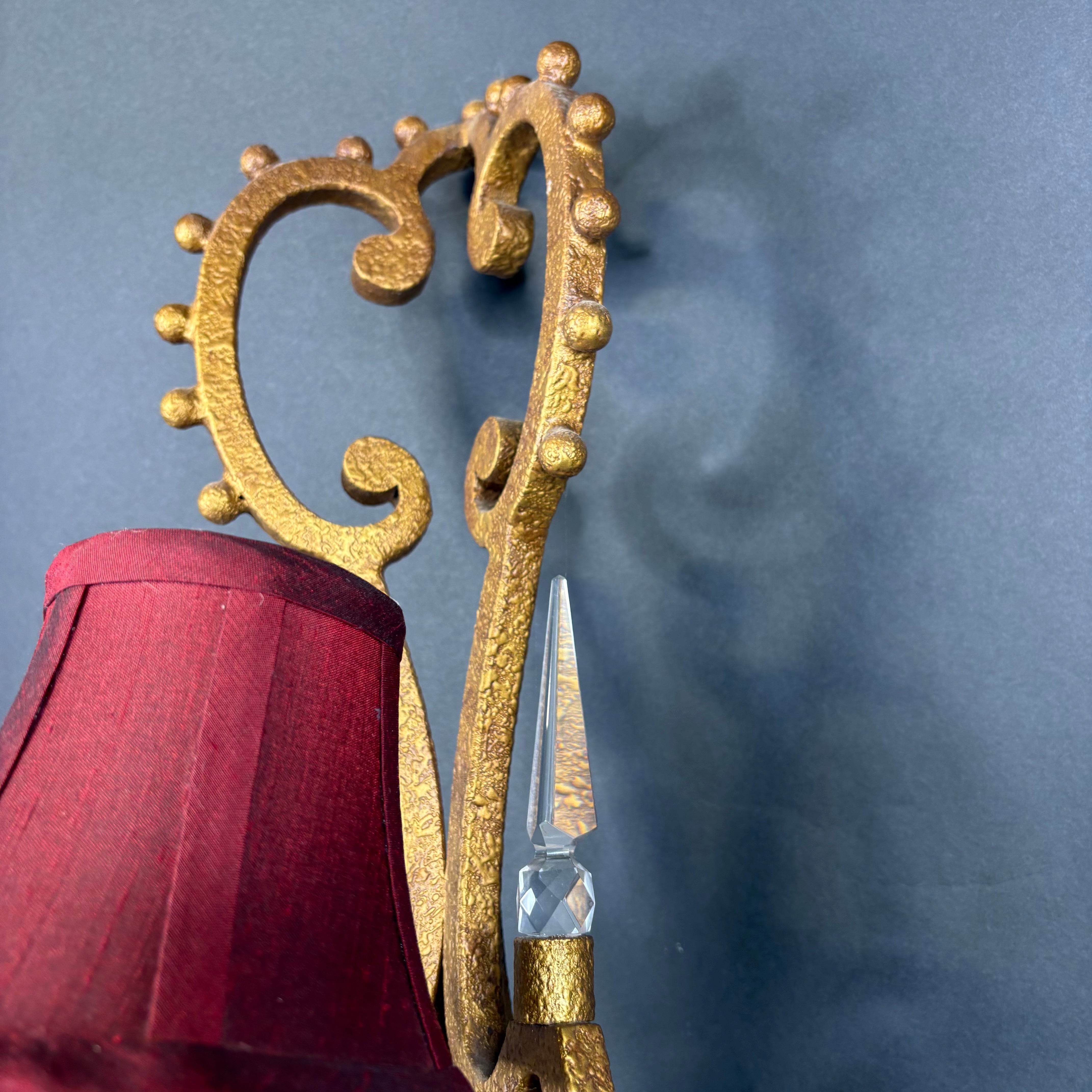 Hollywood Regency Style 1-Light Textured Gold Finish Metal and Crystal Accents with Shade Wall Sconce 8”x 26”x 7.5”