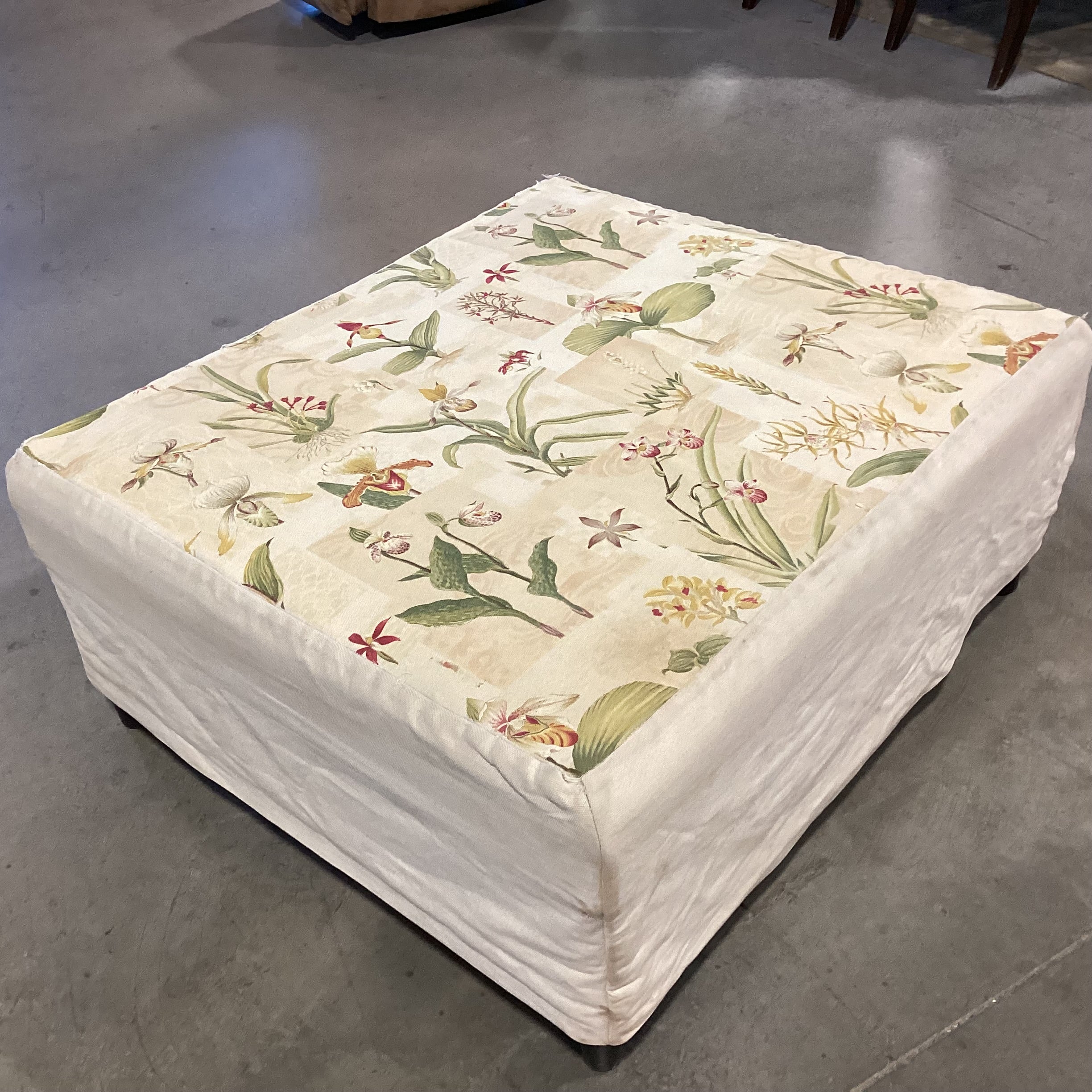 Floral Linen Slipcovered Ottoman 42"x 37"x 17"
