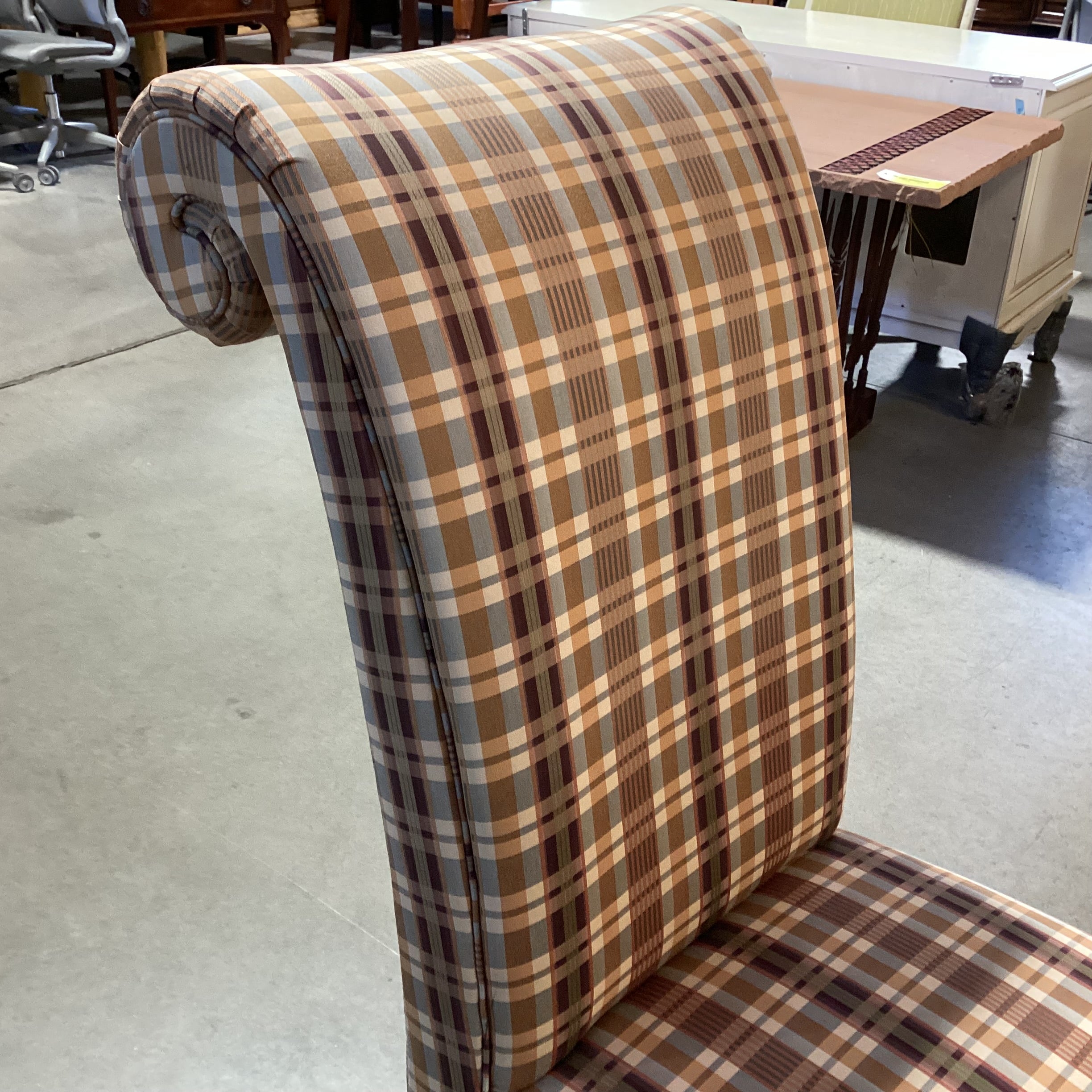 Custom Burgundy Gold Plaid & Fringe Roll Back Chair 20"x 32"x 46"