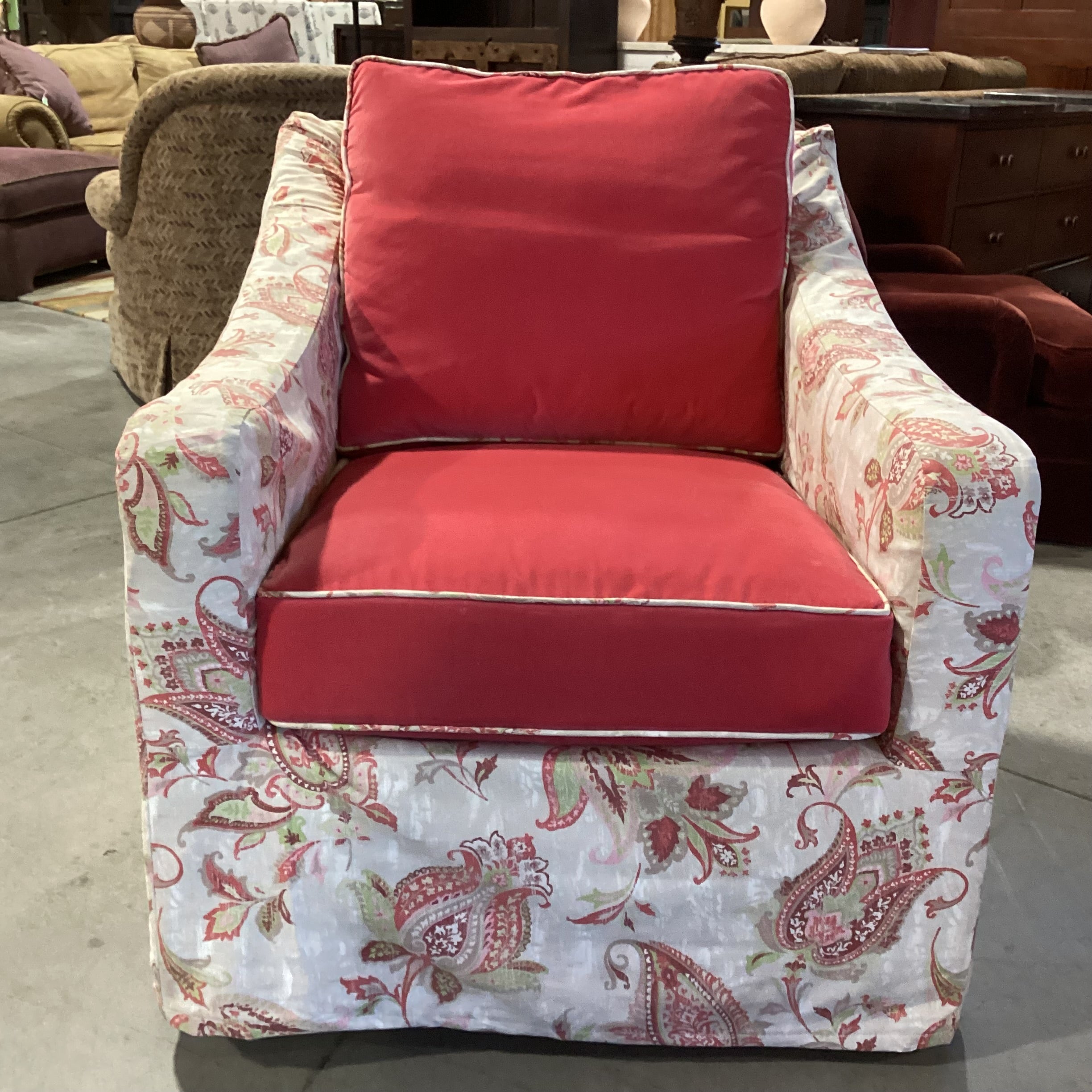 Salmon Pink Velvet with Linen Paisley Slipcover Down Mix Swivel Chair 32"x 39"x 33"