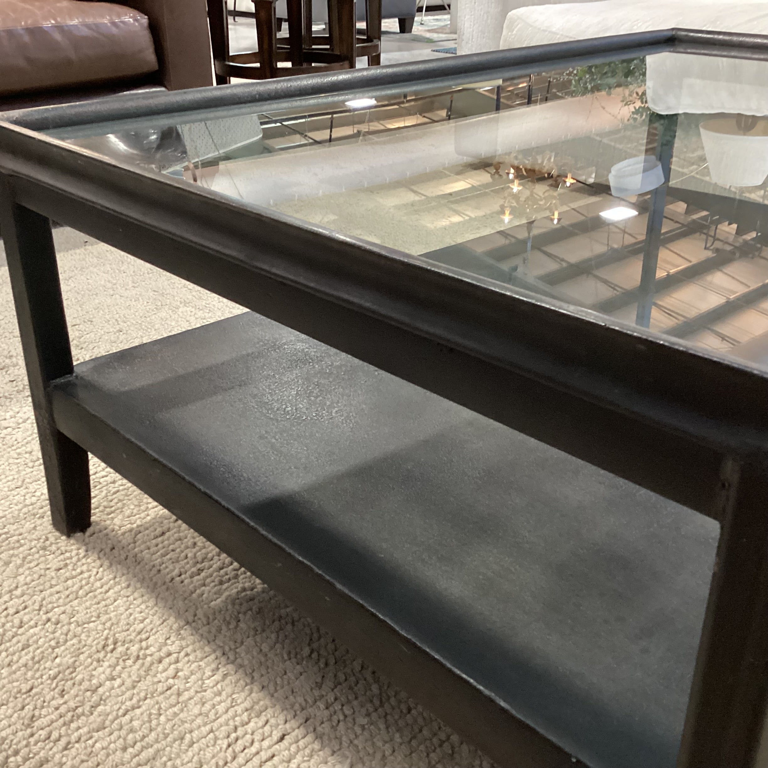 Industrial Modern Black Textured Iron & Glass 2 Tiered Coffee Table 48"x 32"x 18.5"